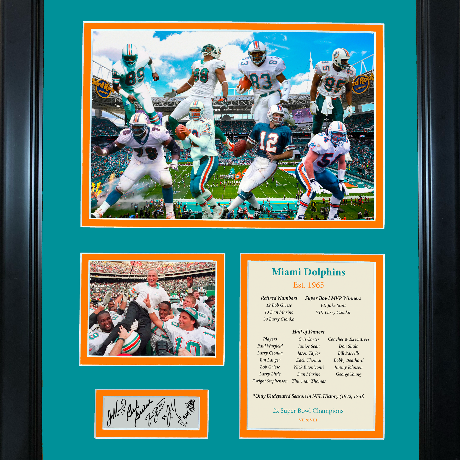 Framed Miami Dolphins All-Time Greats Facsimile Laser Engraved