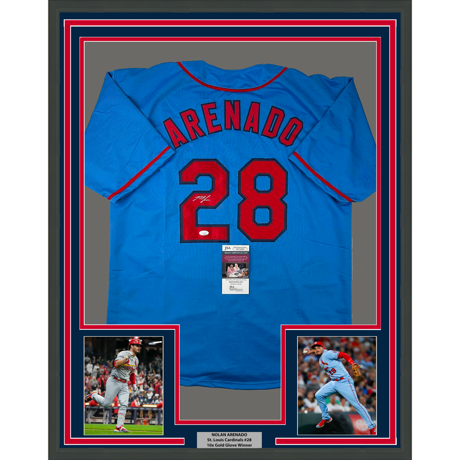 Framed Autographed/Signed Nolan Arenado 33x42 St. Louis Blue Baseball Jersey  JSA COA - Hall of Fame Sports Memorabilia