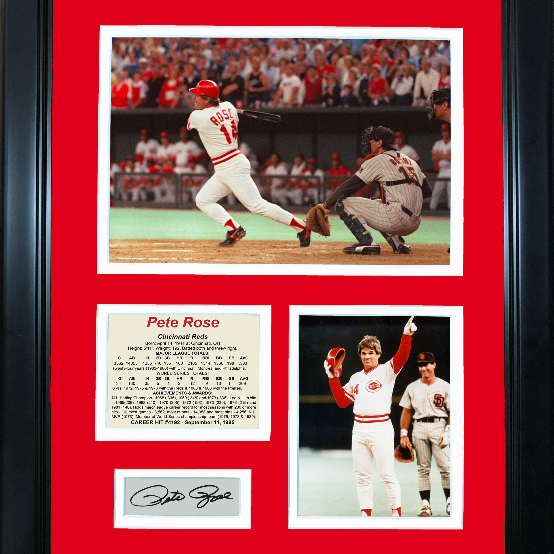 Framed Pete Rose 4,192 Hits Record Facsimile Laser Engraved