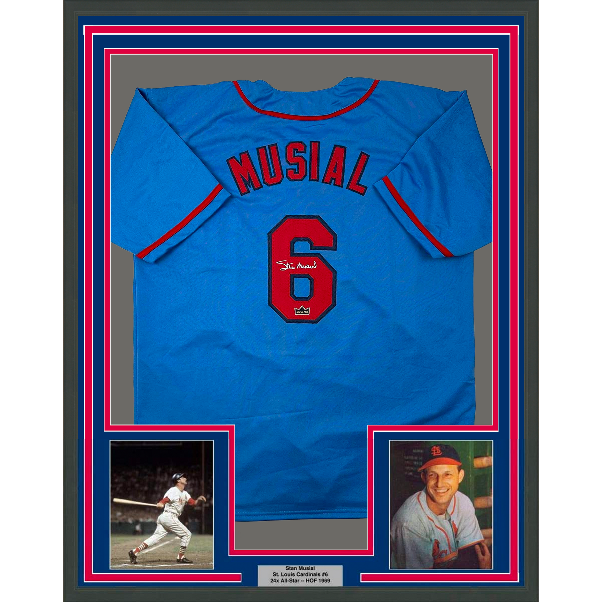 Framed Facsimile Autographed Stan Musial 33x42 St. Louis Blue Reprint Laser  Auto Baseball Jersey - Hall of Fame Sports Memorabilia