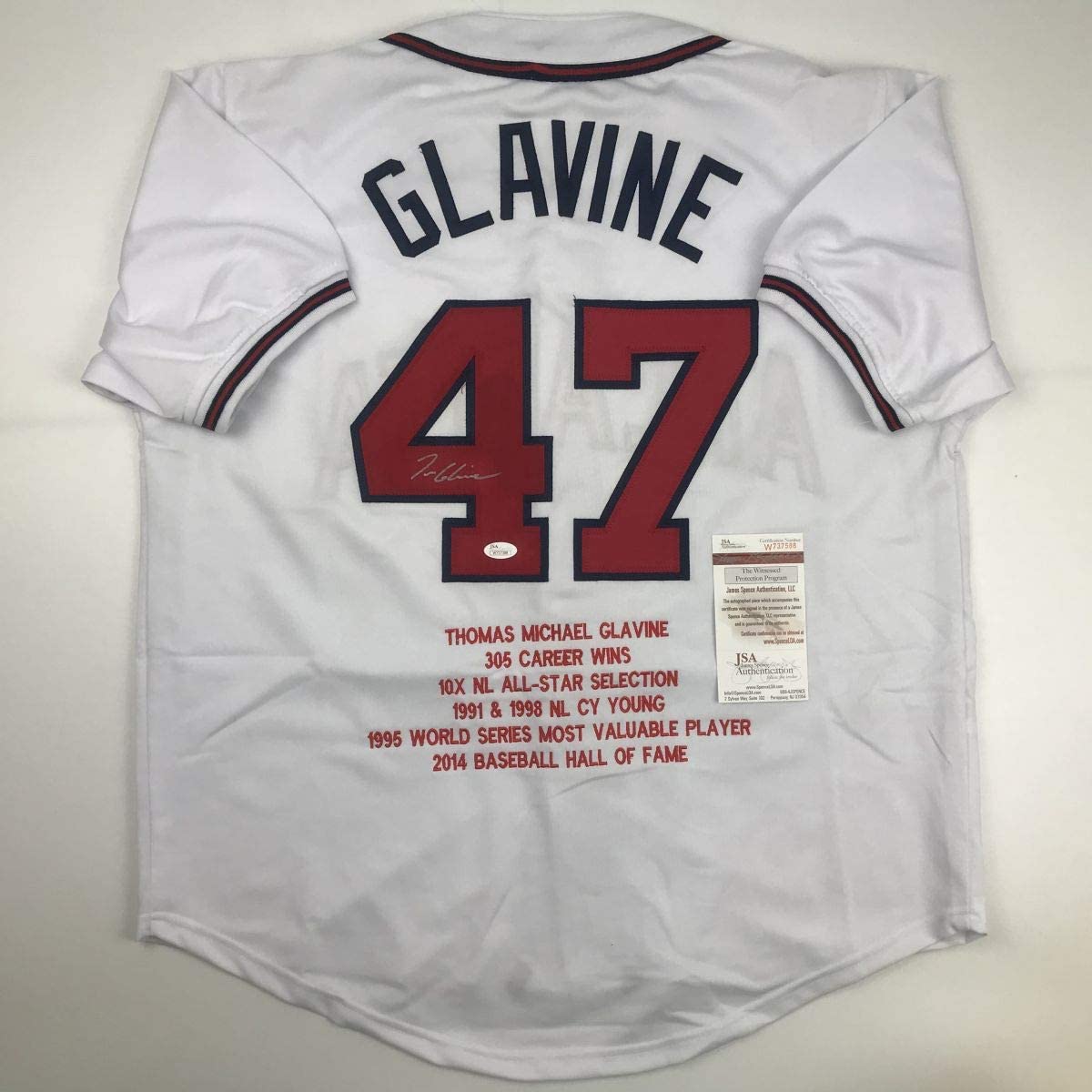 Autographed/Signed Tom Glavine Atlanta White Stat Baseball Jersey JSA COA -  Hall of Fame Sports Memorabilia