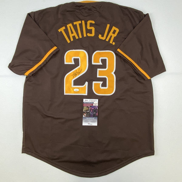 Framed Autographed/Signed Fernando Tatis Jr. 33x42 San Diego Pinstripe  Baseball Jersey JSA COA