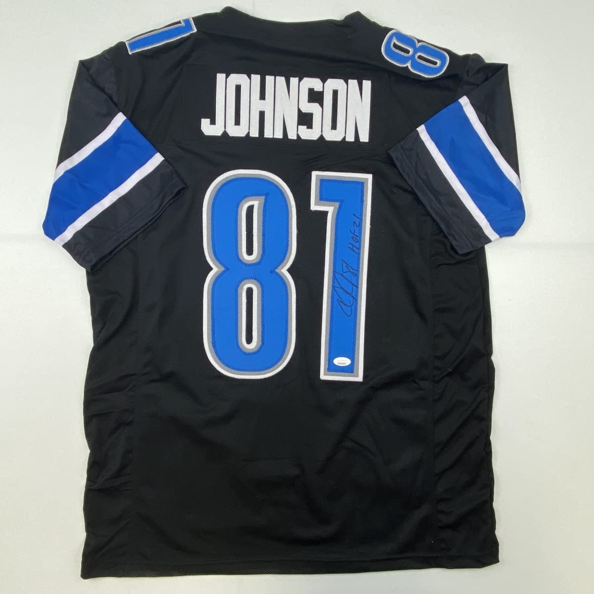 Autographed/Signed Calvin Johnson HOF 21 Detroit Blue Football Jersey JSA  COA at 's Sports Collectibles Store