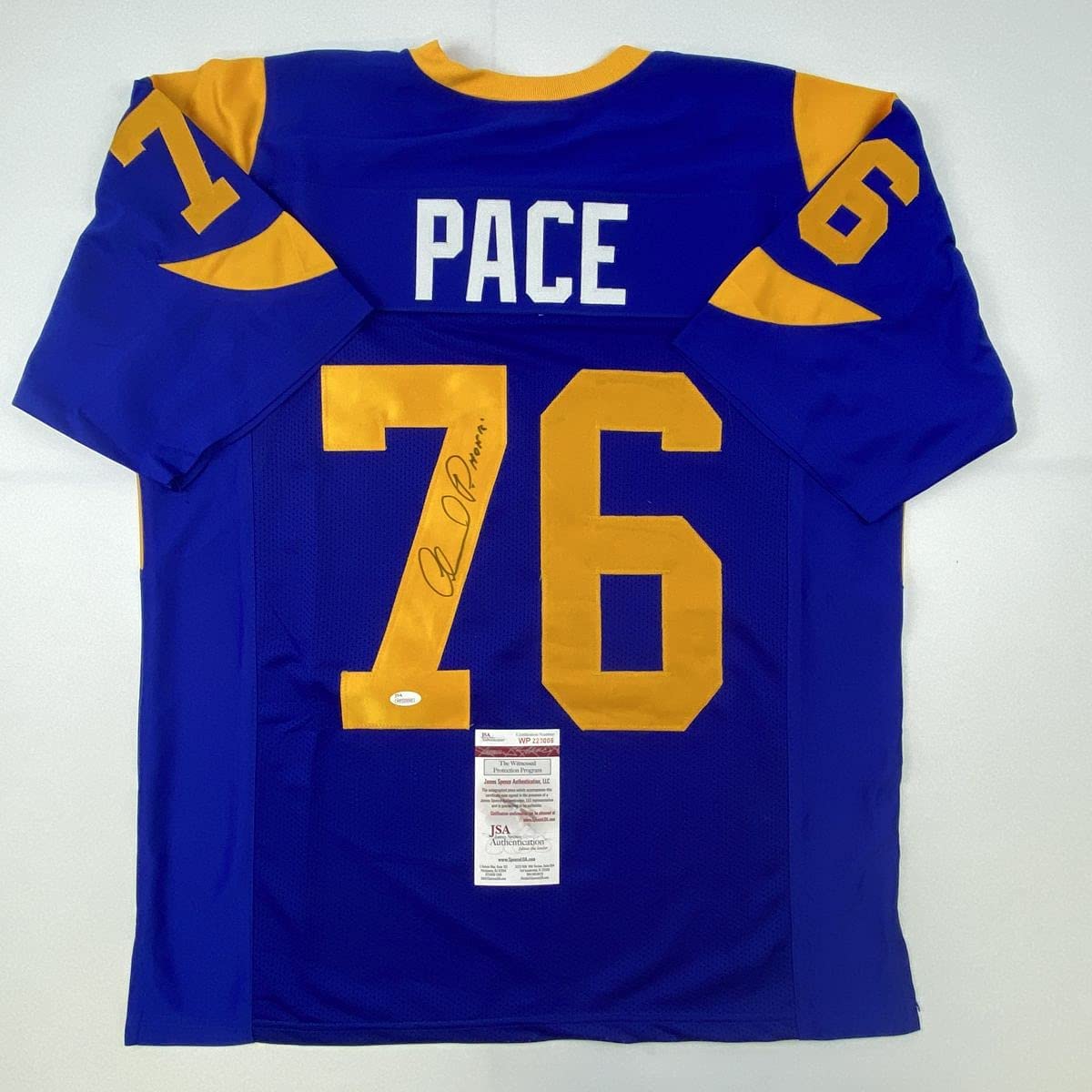 Autographed/Signed Orlando Pace HOF 16 St. Louis Retro Blue Football Jersey JSA COA