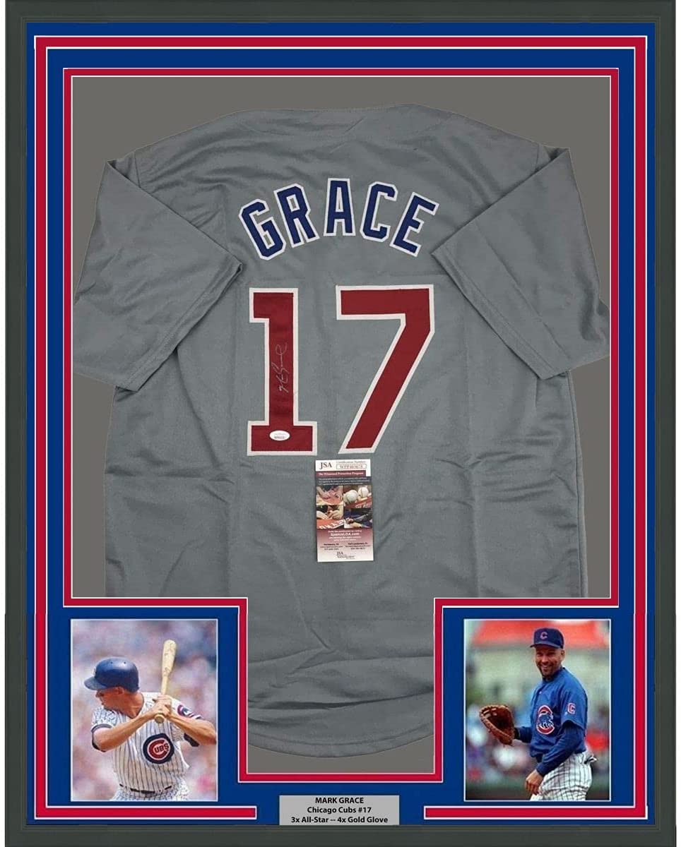 Framed Autographed/Signed Mark Grace 33x42 Chicago Grey Baseball Jersey JSA  COA - Hall of Fame Sports Memorabilia