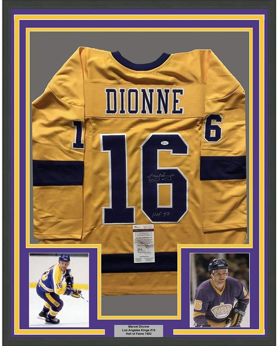 Framed Autographed/Signed Marcel DionneHOF 92 33x42 Los Angeles LA Yellow  Hockey Jersey JSA COA - Hall of Fame Sports Memorabilia