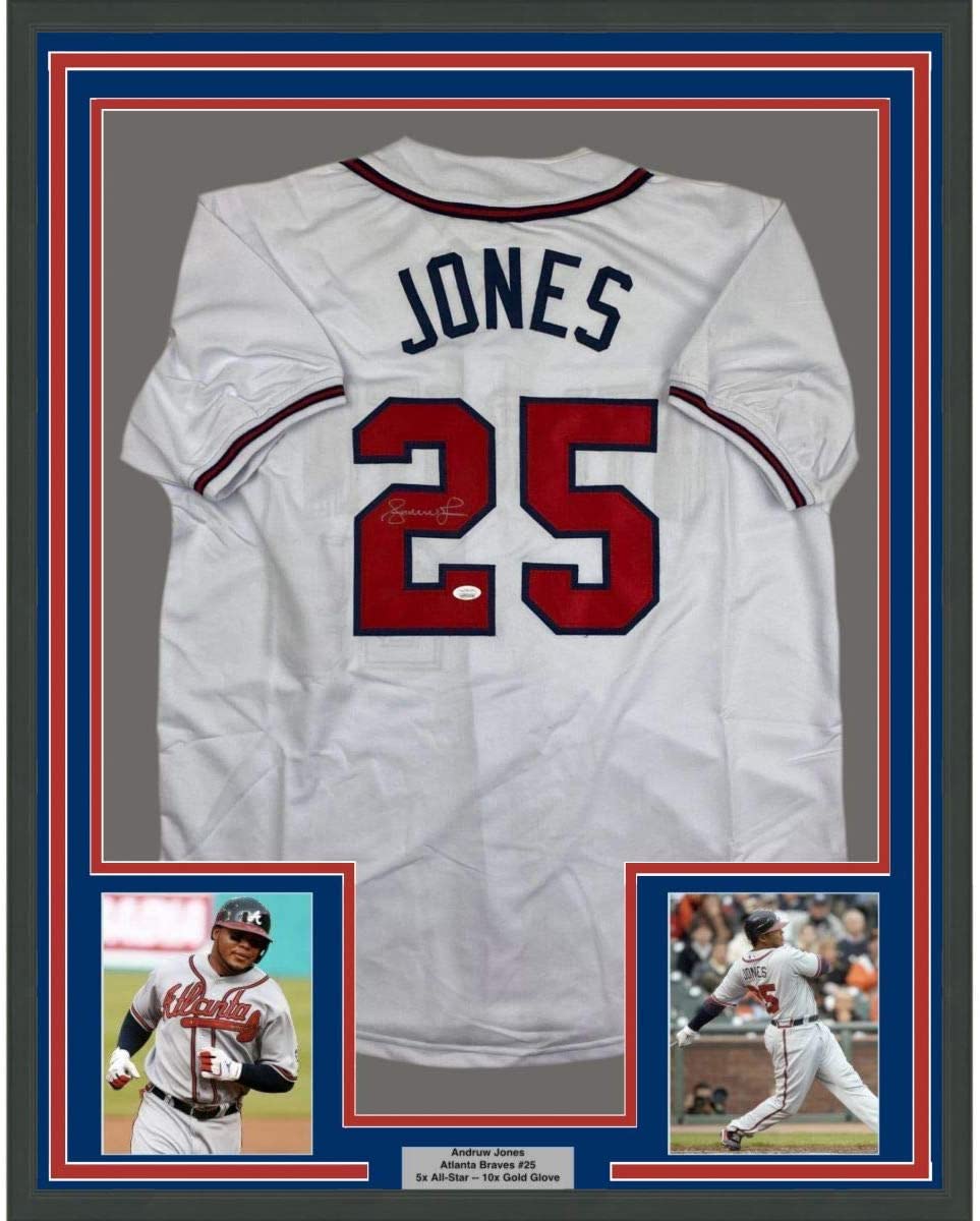 FRAMED Autographed/Signed ANDRUW JONES 33x42 Atlanta Red Jersey PSA/DNA COA  Auto