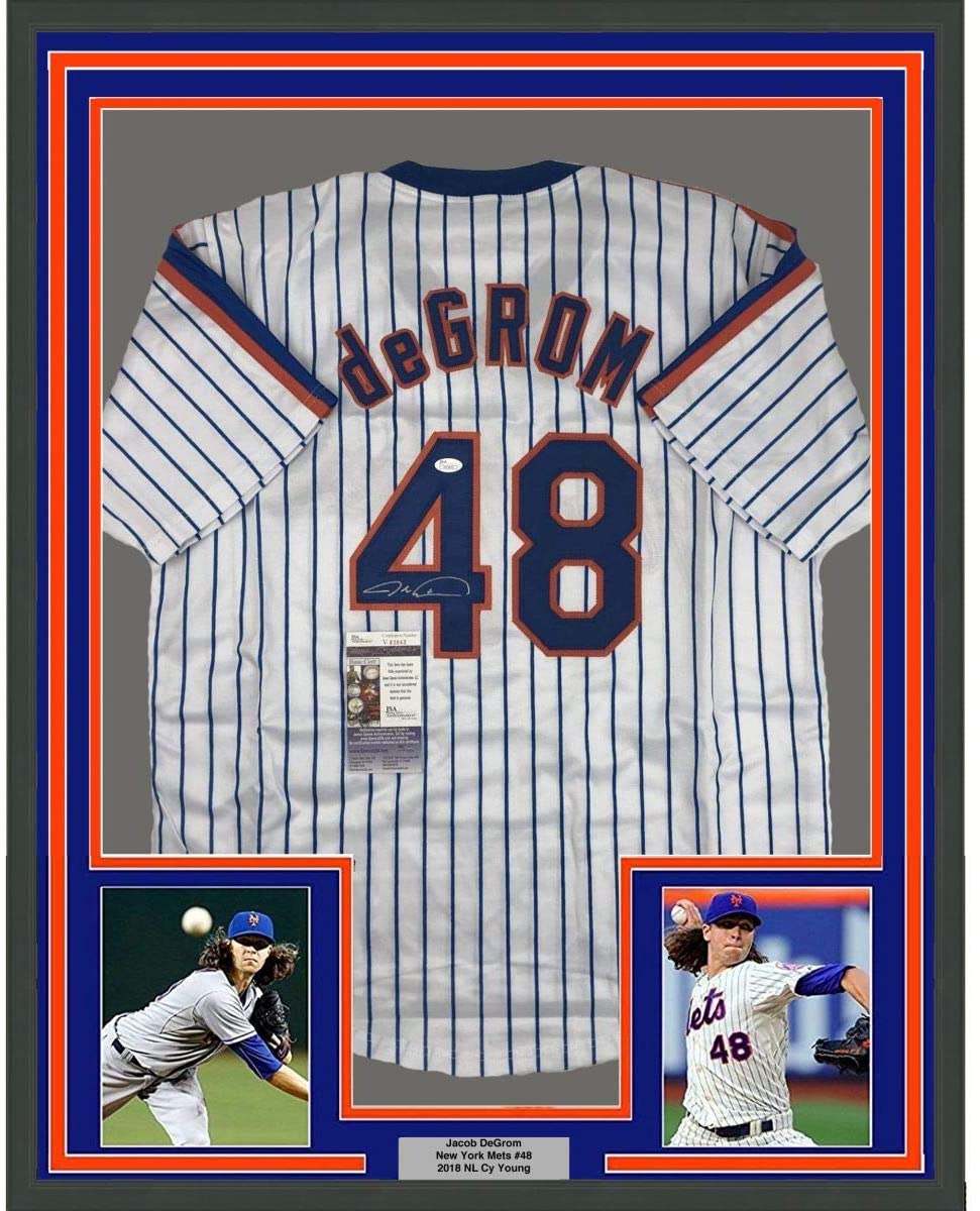 Framed Autographed/Signed Jacob DeGrom 33x42 Texas White Baseball Jersey  JSA COA - Hall of Fame Sports Memorabilia