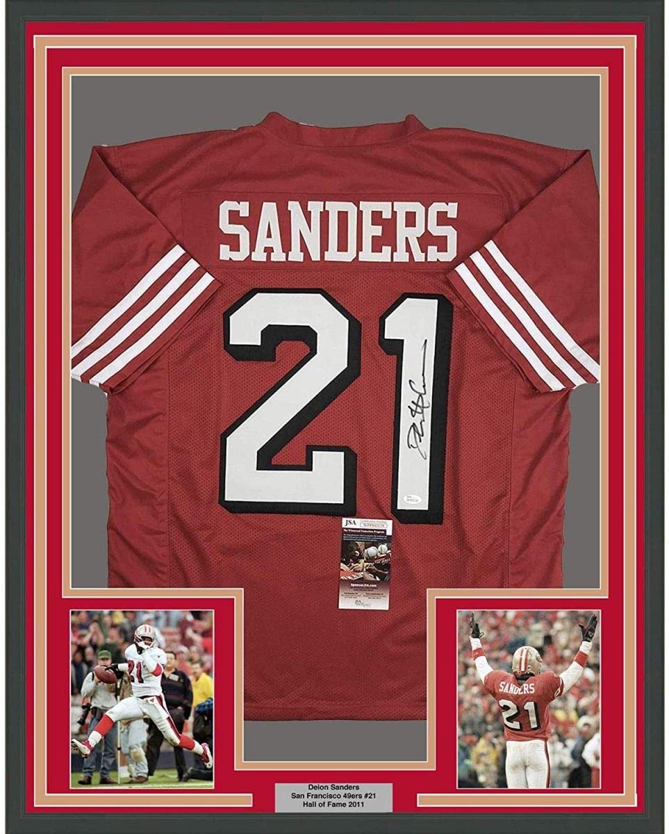 Deion Sanders Autographed and Framed Red 49ers Jersey Auto JSA COA