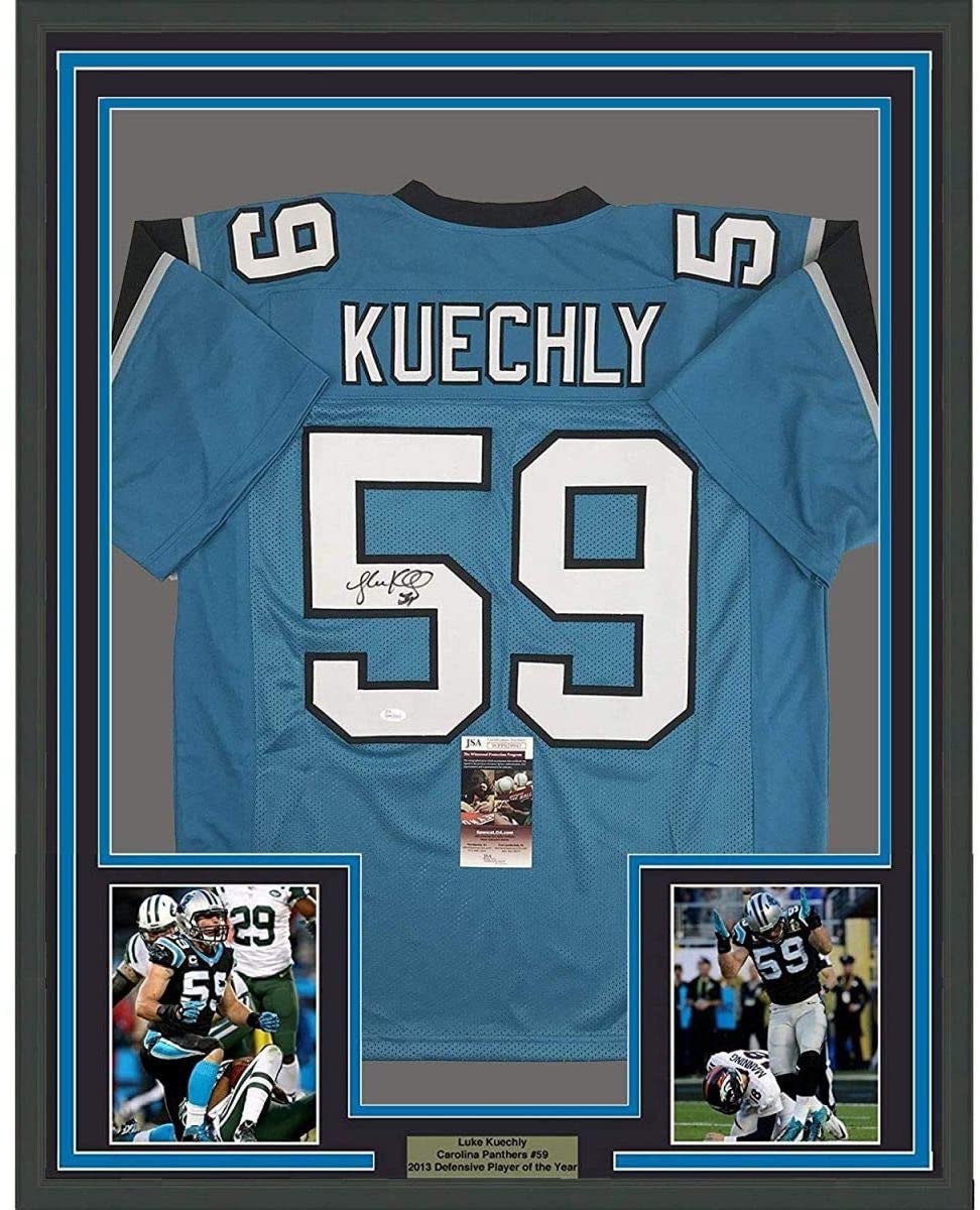 Luke Kuechly Autographed & Framed Blue Panthers Jersey Auto Beckett COA