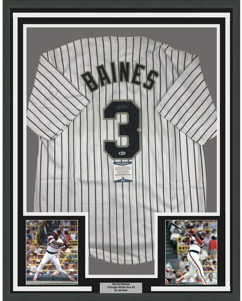  Framed Autographed/Signed Harold Baines 33x42 Chicago Black Baseball  Jersey Beckett BAS COA : Arte Coleccionable y Bellas Artes