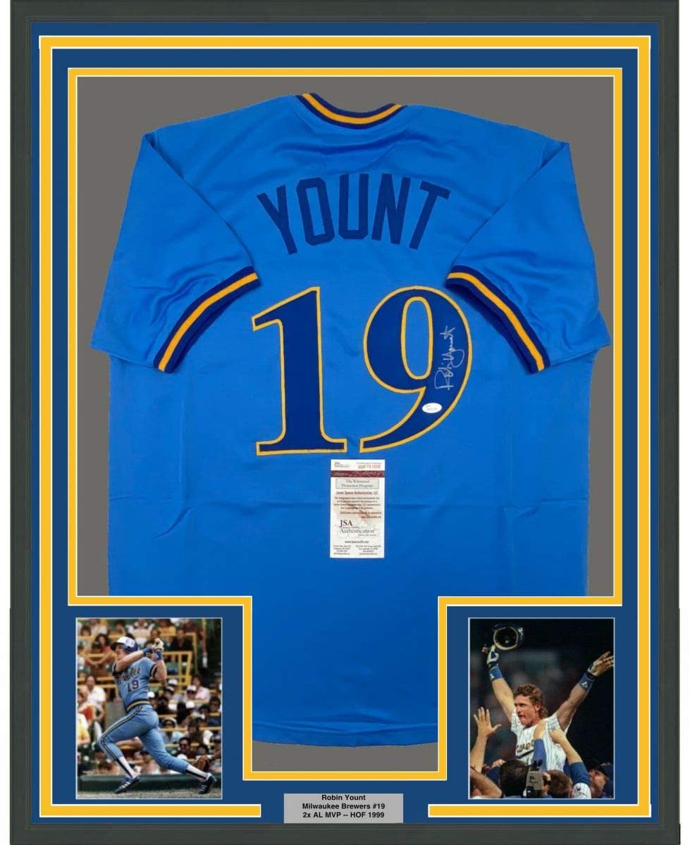 Framed Autographed/Signed Robin Yount 33x42 Milwaukee Blue Baseball Jersey  JSA COA - Hall of Fame Sports Memorabilia