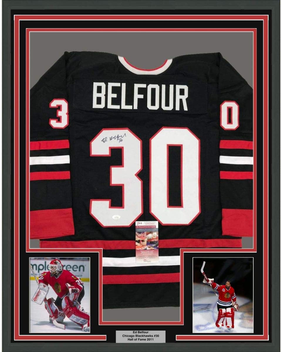 Ed Belfour Signed 34x42 Custom Framed Jersey Display (JSA COA)