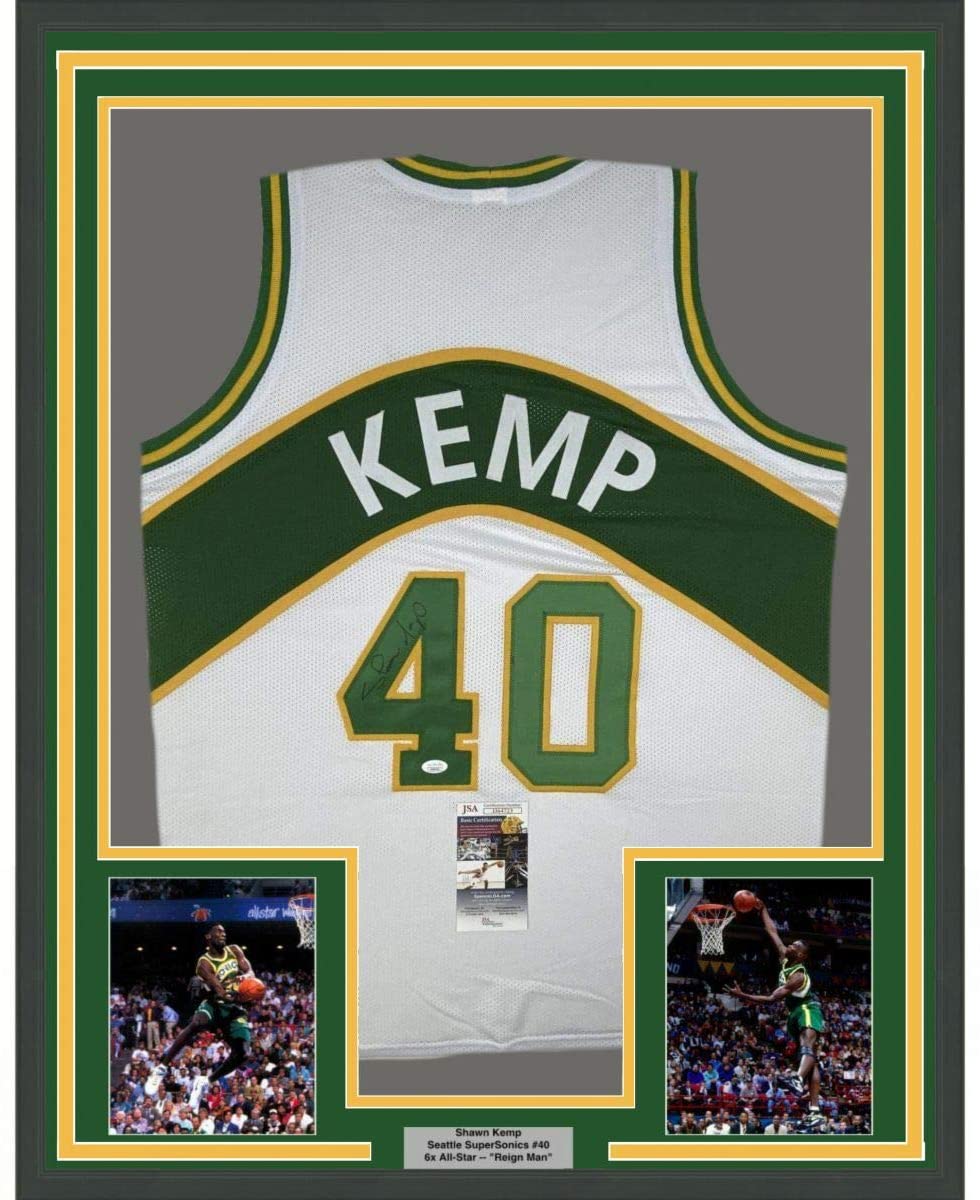 Framed Autographed/Signed Shawn Kemp 33x42 Seattle White