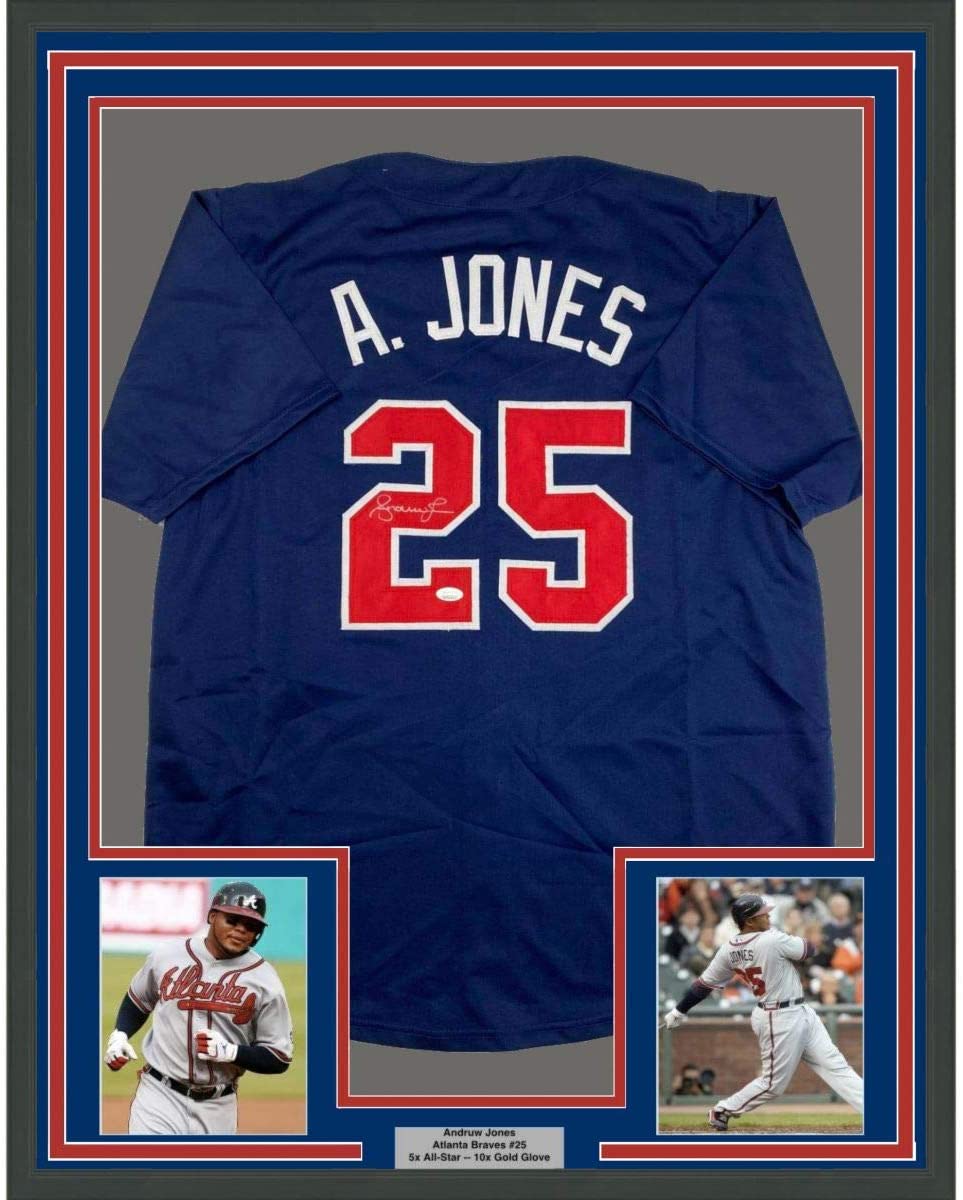 FRAMED Autographed/Signed ANDRUW JONES 33x42 Atlanta Red Jersey PSA/DNA COA  Auto