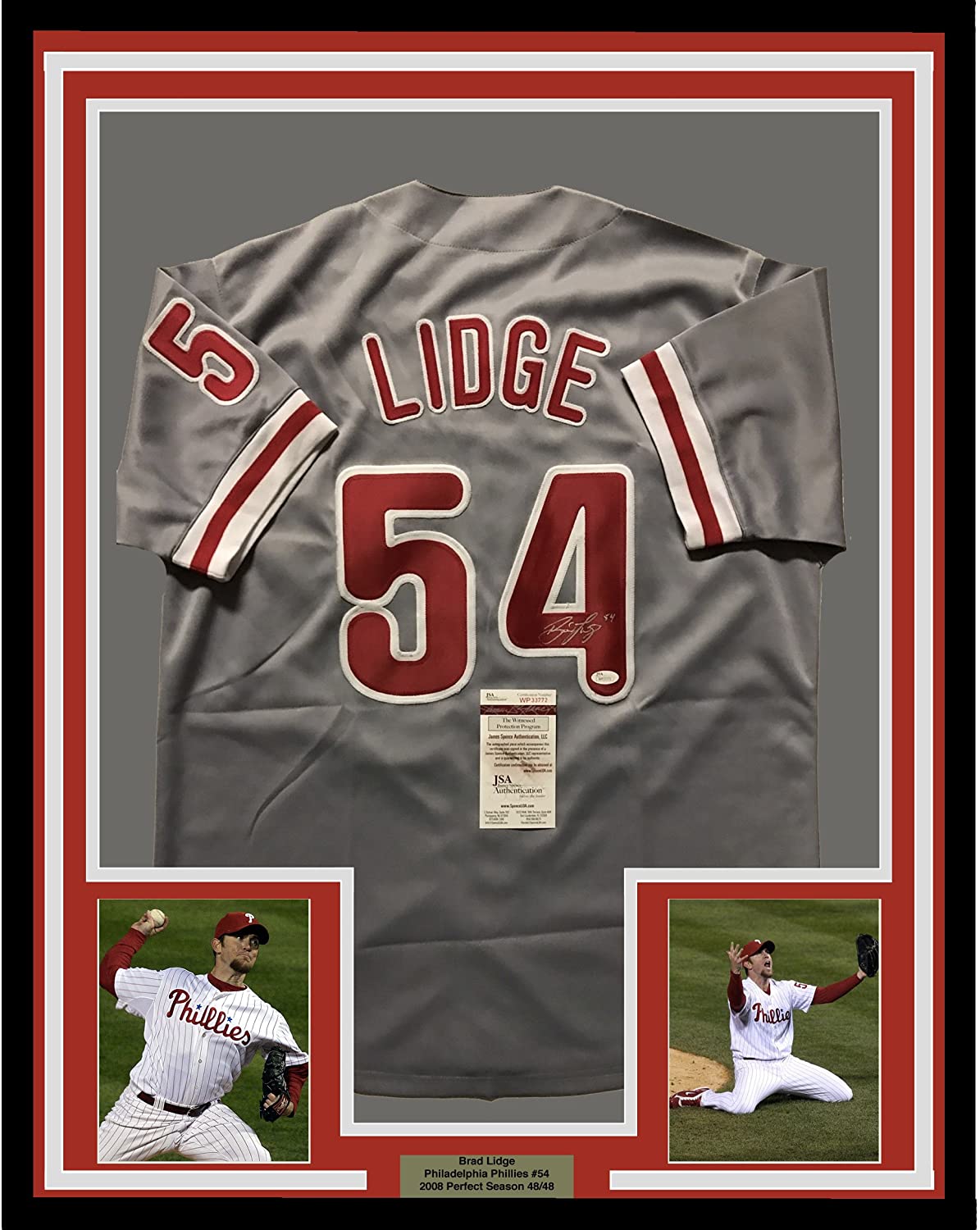 Framed Autographed/Signed Brad Lidge 33x42 Philadelphia Grey Baseball Jersey  JSA COA - Hall of Fame Sports Memorabilia