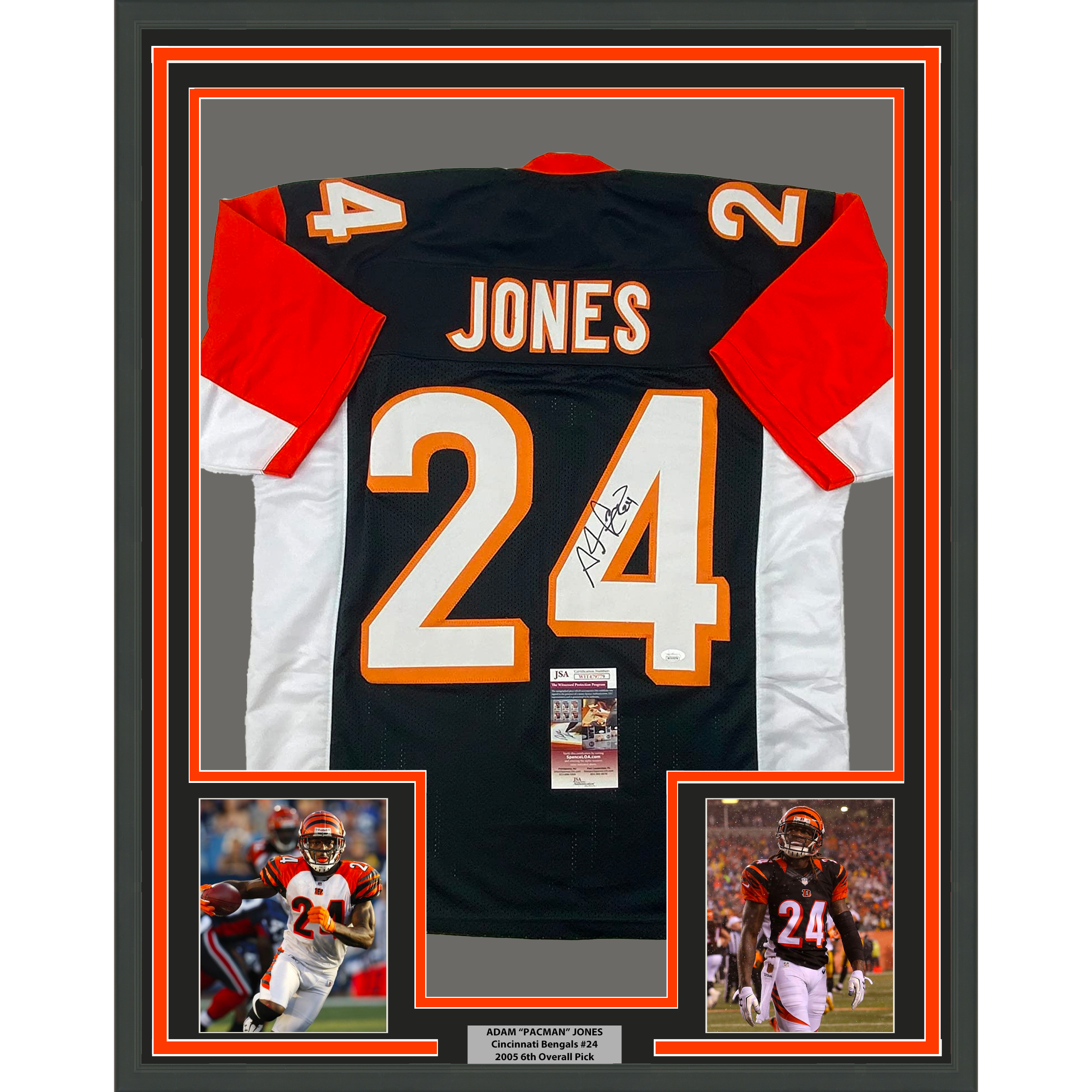 Framed Autographed/Signed Adam Pacman Jones 33x42 Cincinnati Black Football Jersey JSA COA