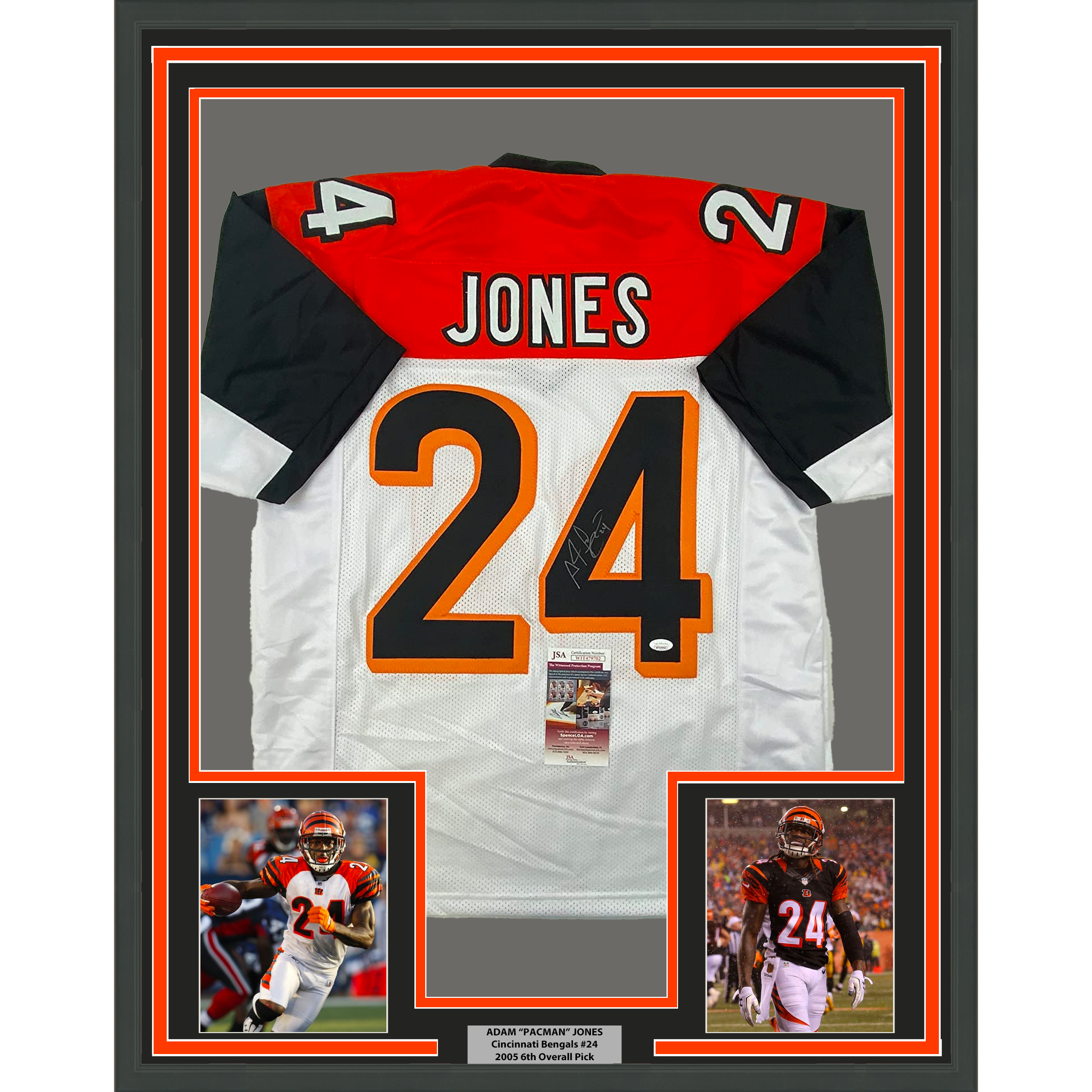 Framed Autographed/Signed Adam Pacman Jones 33x42 Cincinnati White Football Jersey JSA COA