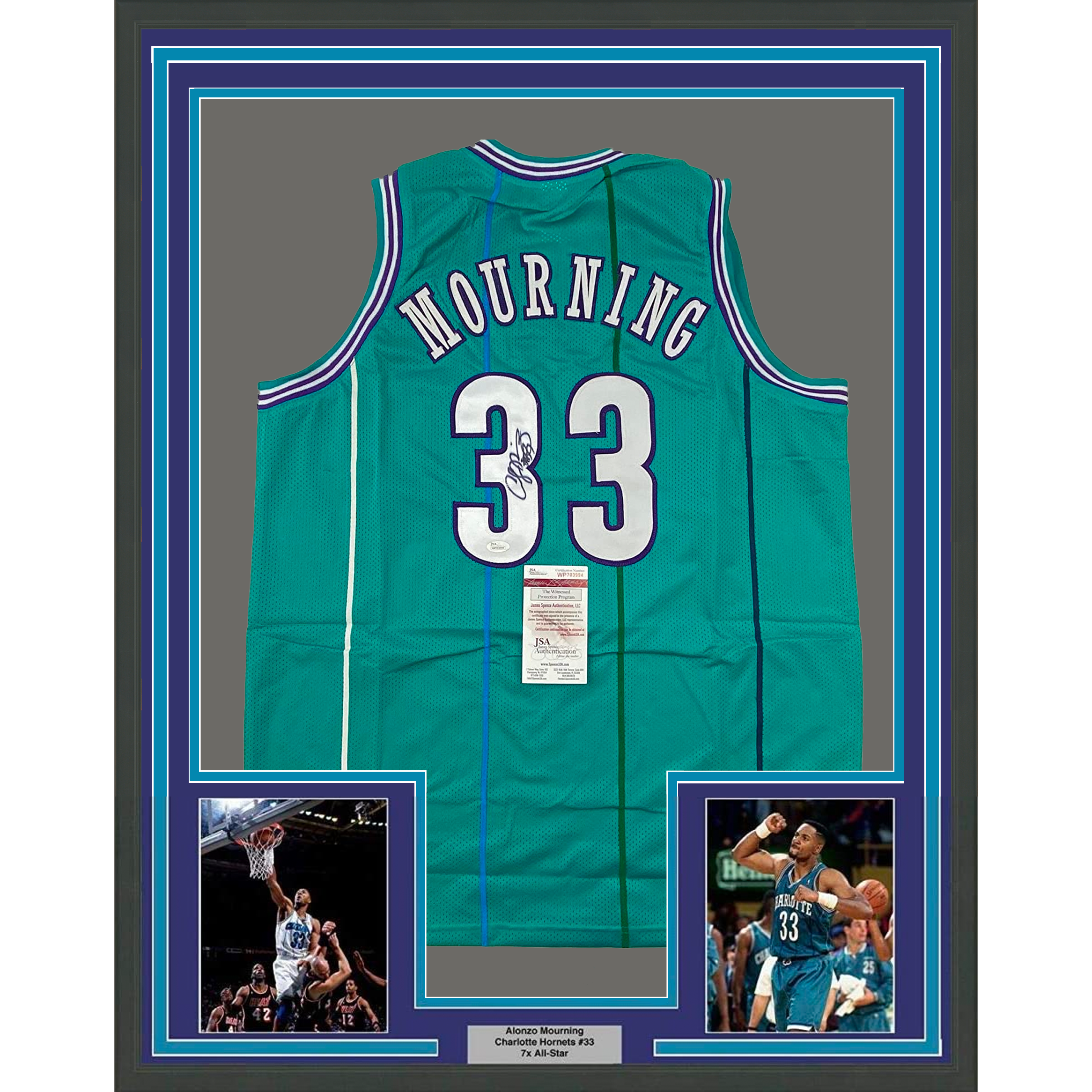 Framed Autographed/Signed Alonzo Mourning 33x42 Charlotte Teal Basketball Jersey JSA COA