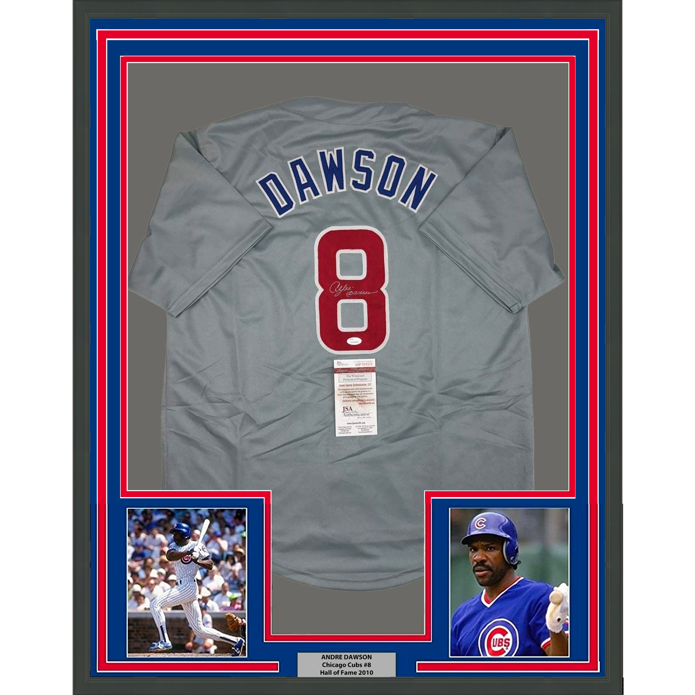 Framed Autographed/Signed Andre Dawson 33x42 Chicago Grey Baseball Jersey JSA COA