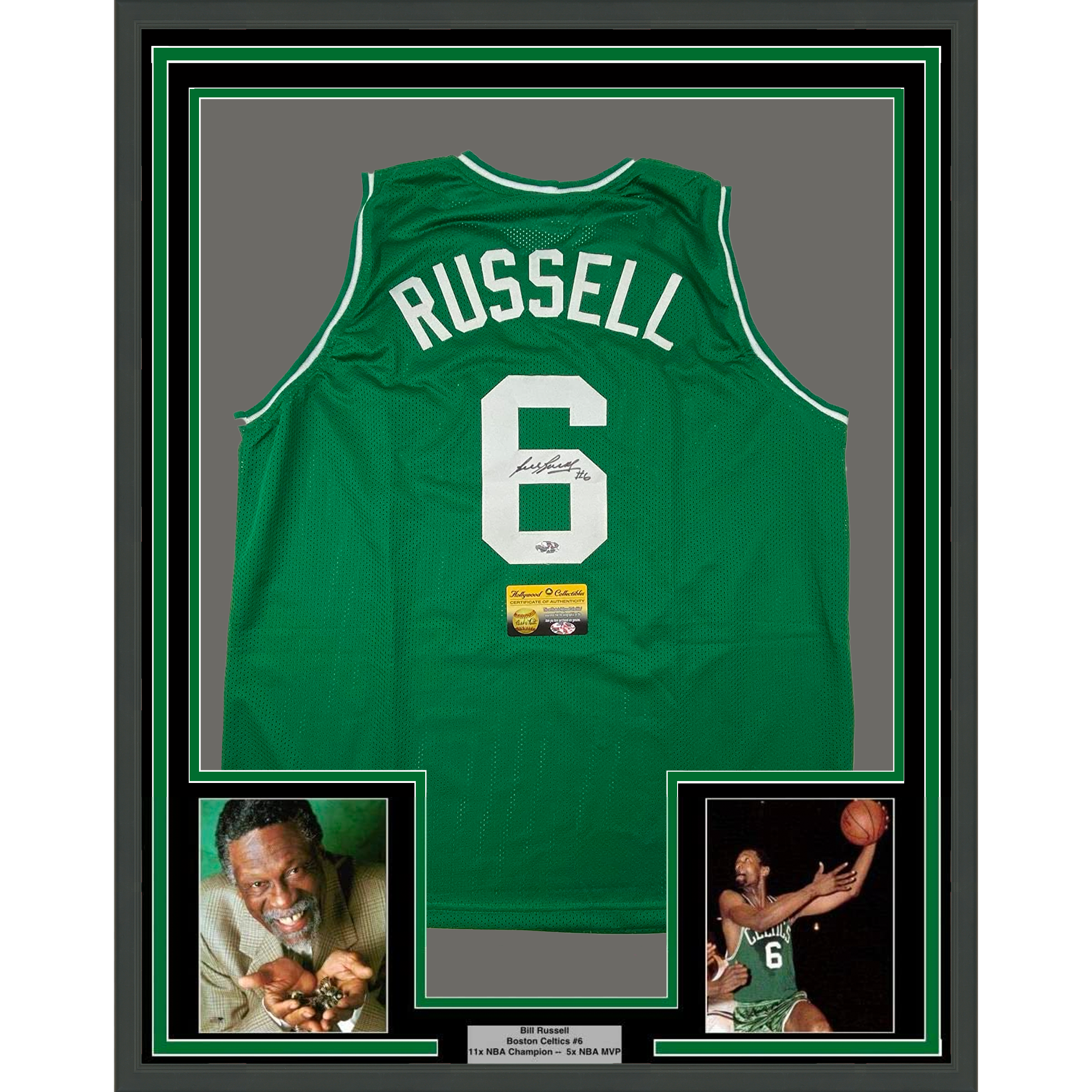 Framed Autographed/Signed Bill Russell 33x42 Boston Green Basketball Jersey Hollywood Collectibles C