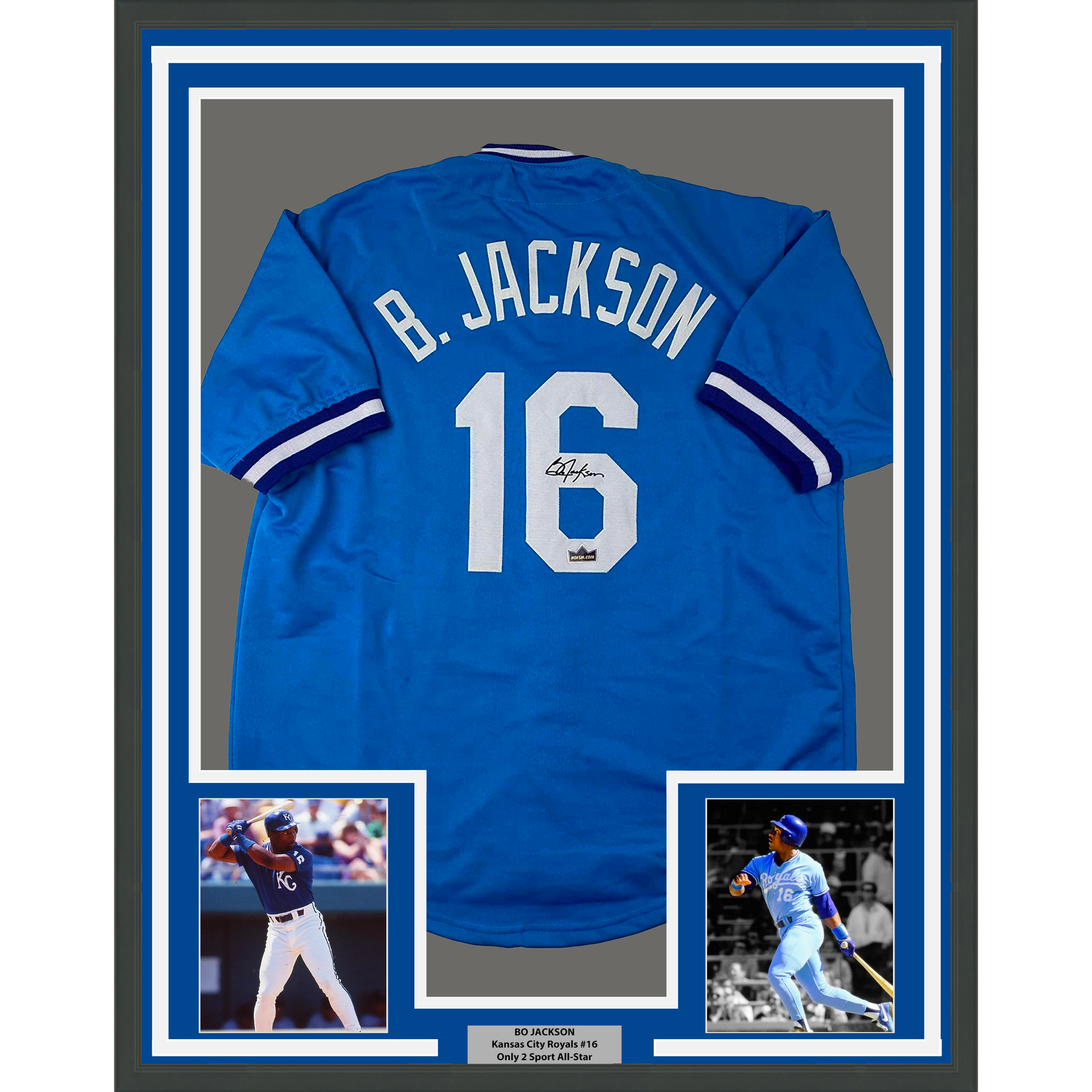Framed Facsimile Autographed Bo Jackson 33x42 Kansas City Blue Reprint  Laser Auto Baseball Jersey - Hall of Fame Sports Memorabilia