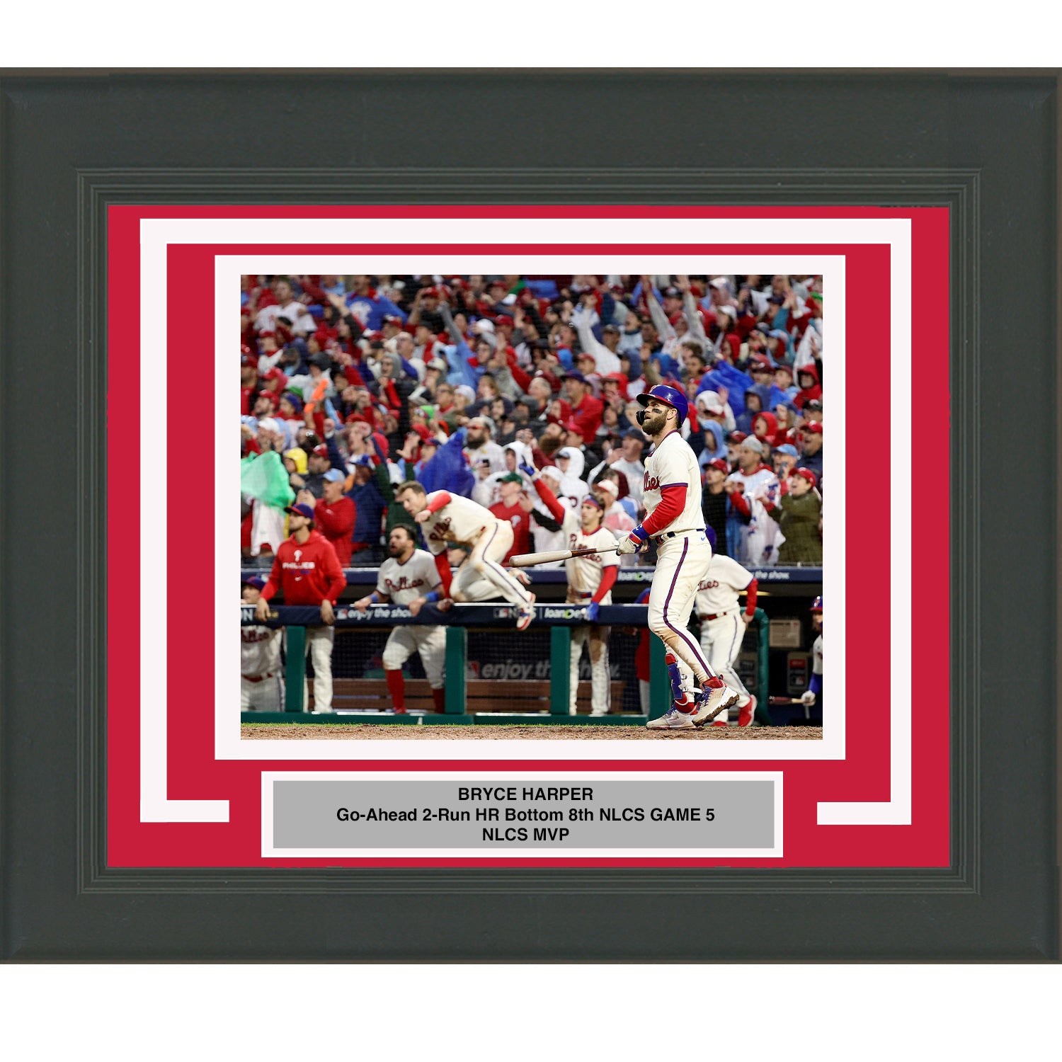 Bryce Harper Philadelphia Phillies Autographed Deluxe Framed 8 x 10 Swinging in White Jersey Horizontal Photograph