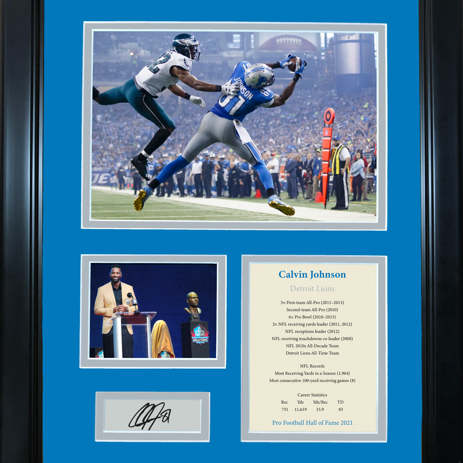 Autographed/Signed Calvin Johnson HOF 21 Detroit Blue Football Jersey JSA  COA at 's Sports Collectibles Store