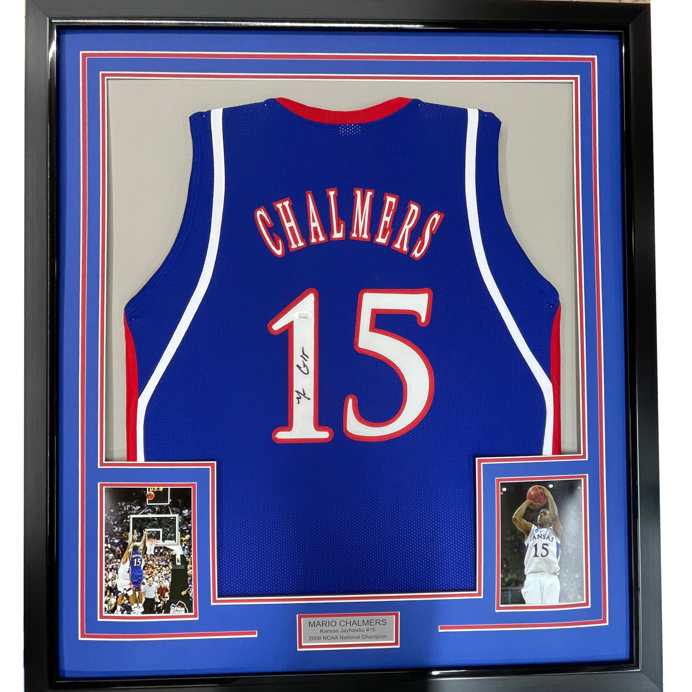 Framed Autographed/Signed Mario Chalmers 33x42 Kansas Blue College Basketball Jersey JSA COA