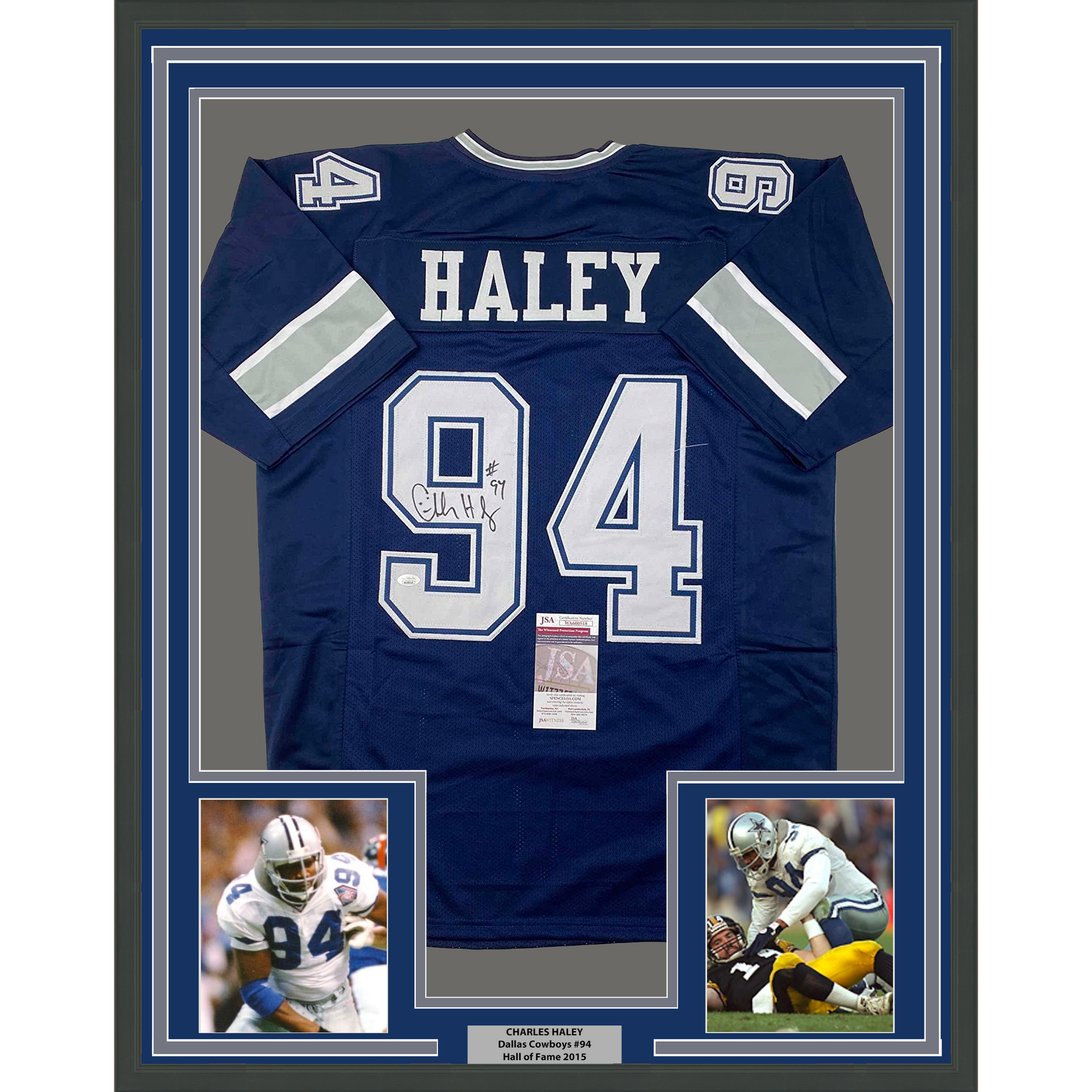 Framed Autographed/Signed Charles Haley 33x42 Dallas Blue Football Jersey  JSA COA - Hall of Fame Sports Memorabilia