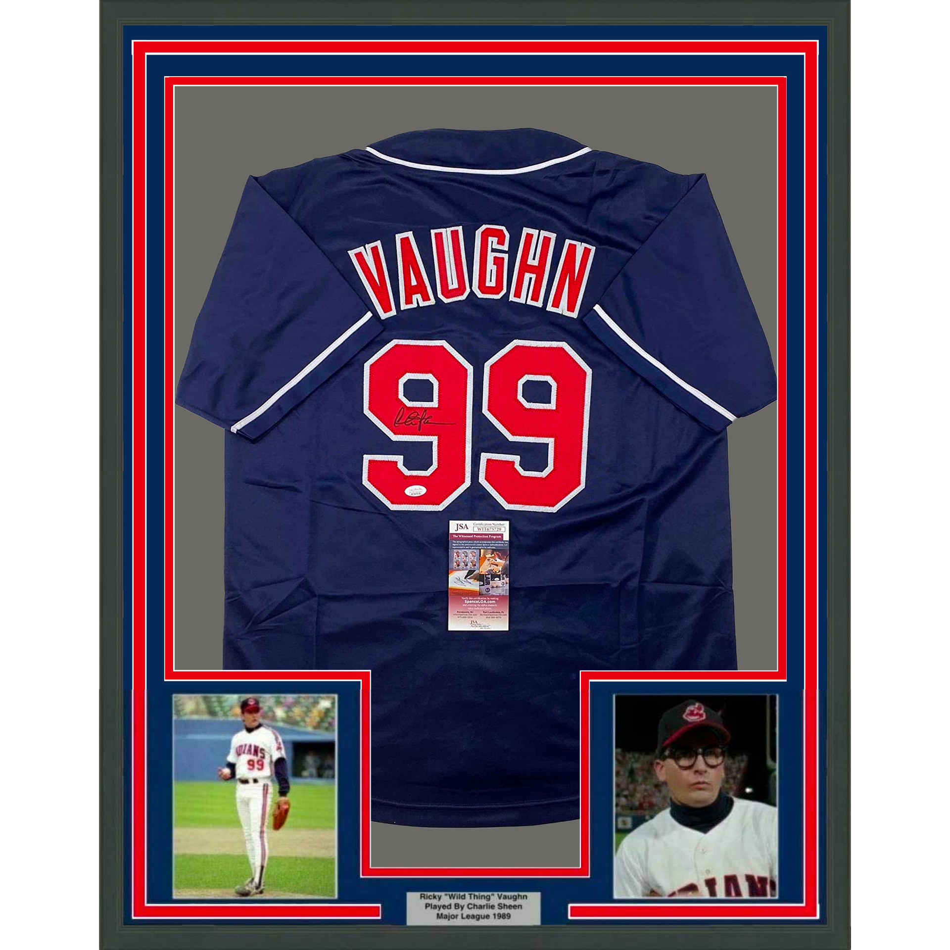 Framed Autographed/Signed Charlie Sheen 33x42 Wild Thing Ricky Vaughn Major  League Movie Blue Baseball Jersey JSA COA - Hall of Fame Sports Memorabilia