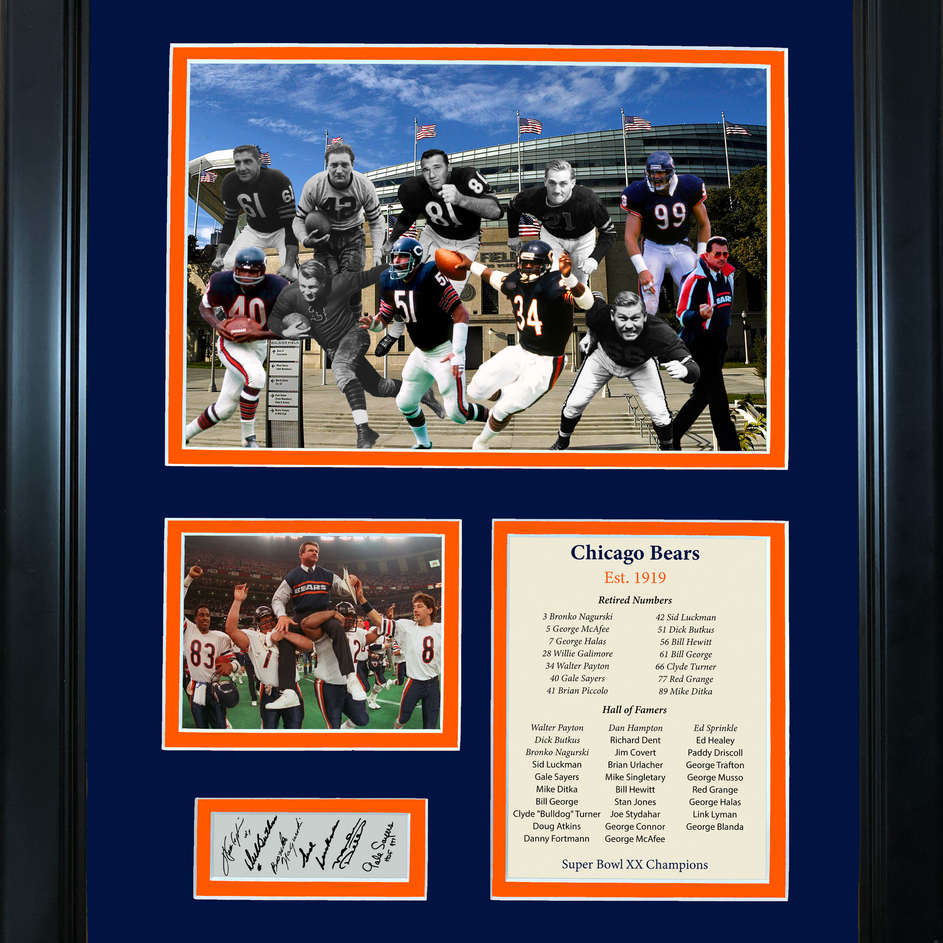 Dick Butkus, Walter Payton & Gale Sayers Signed Bears Legends