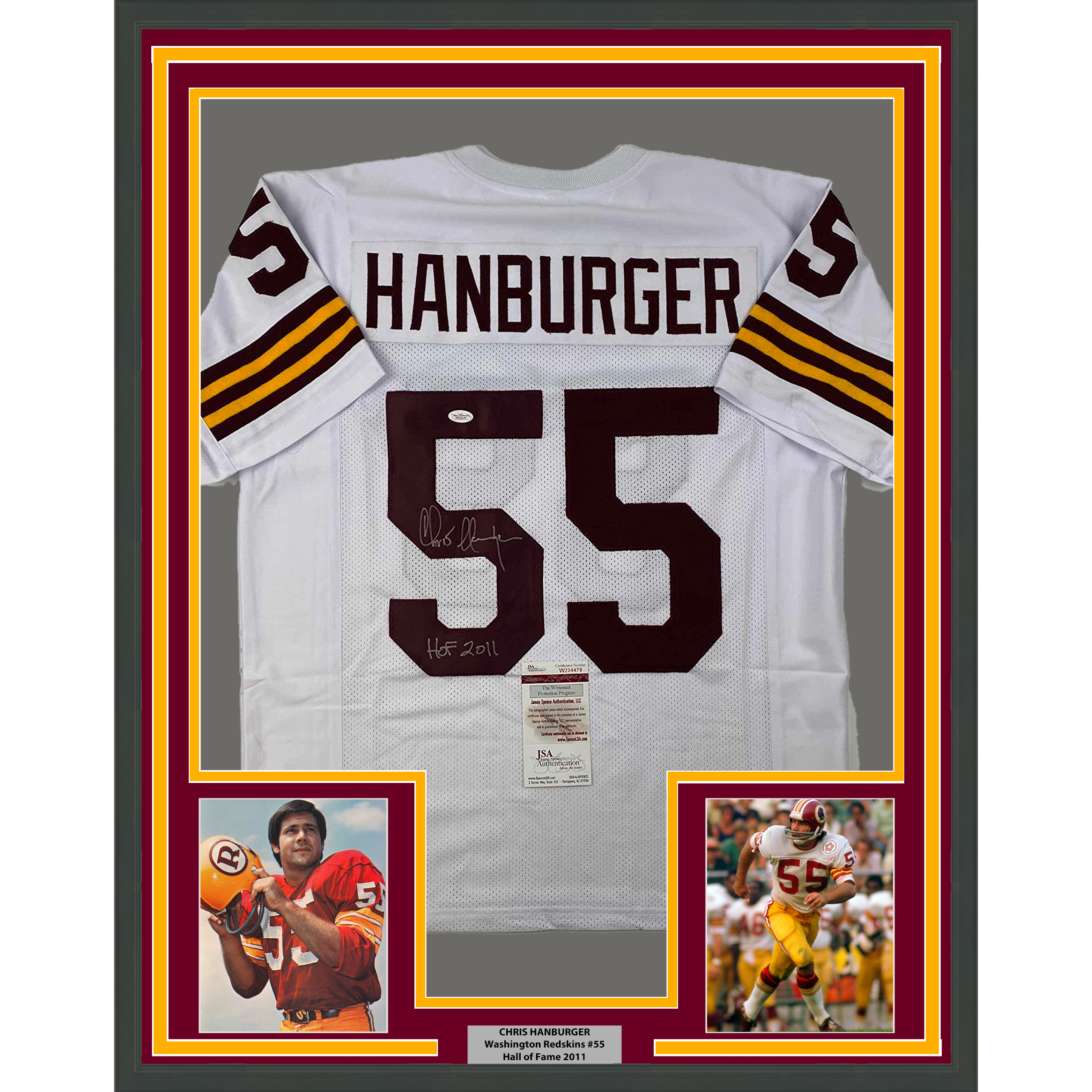 Framed Autographed/Signed Chris Hanburger 33x42 HOF 2011 Washington White Football Jersey JSA COA