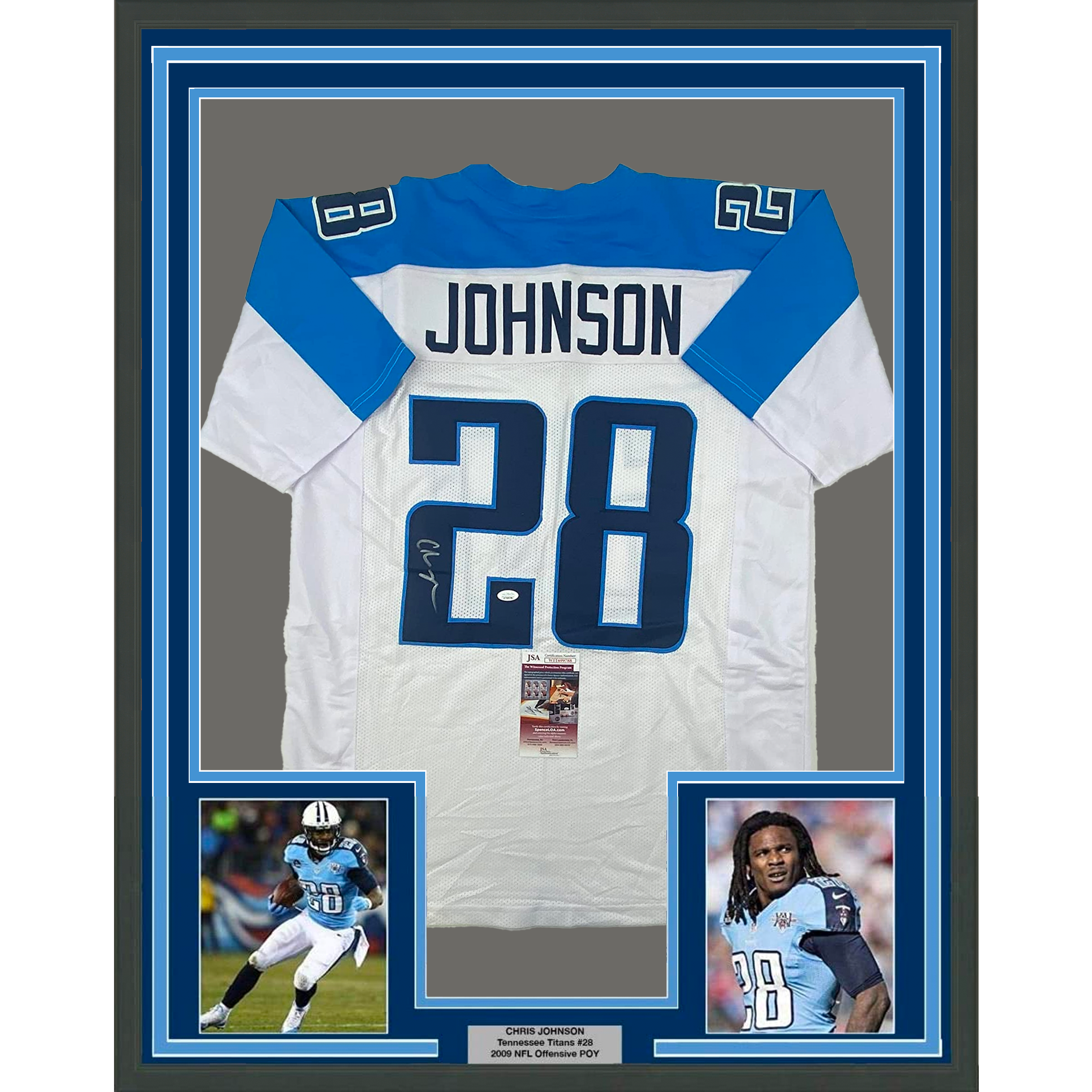 Framed Autographed/Signed Chris Johnson 33x42 Tennessee White Football Jersey JSA COA