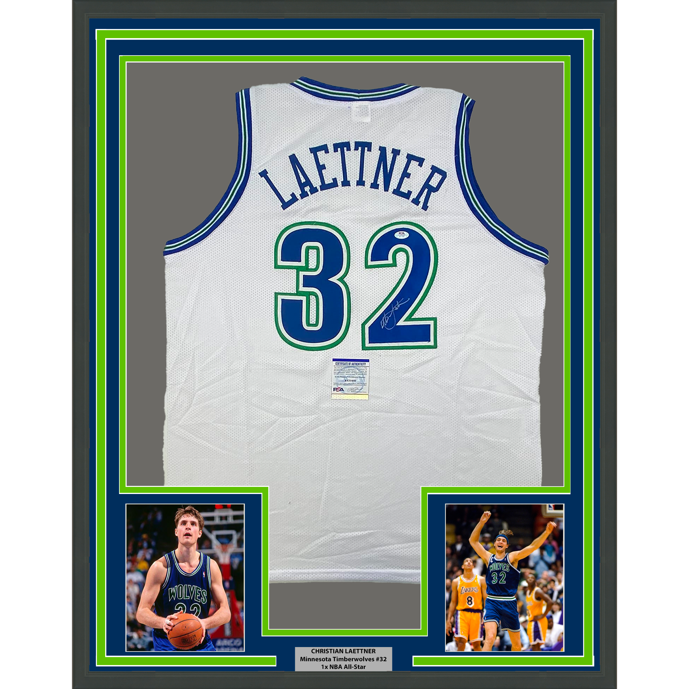 Framed Autographed/Signed Christian Laettner 33x42 Minnesota White Basketball Jersey PSA/DNA COA