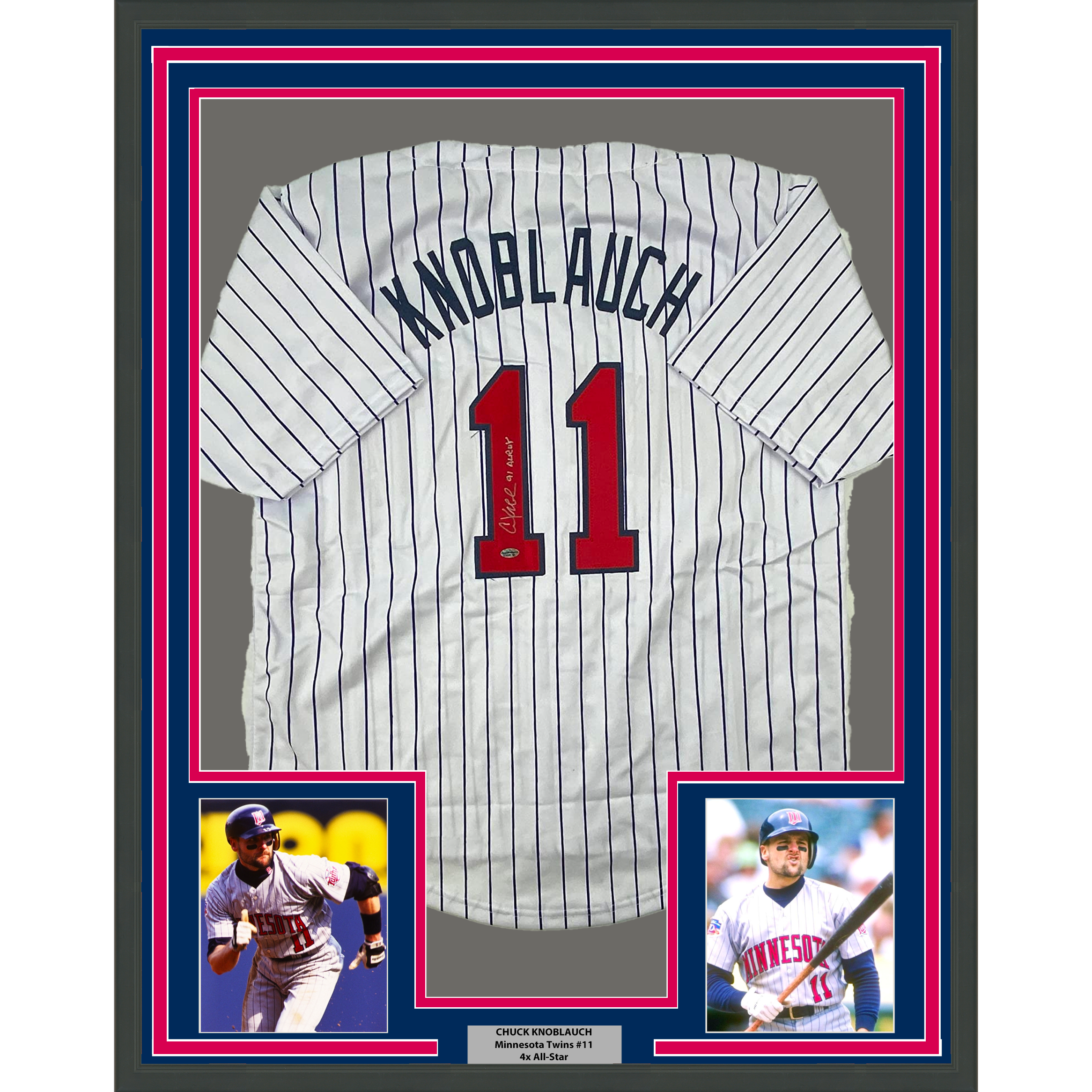 Framed Autographed/Signed Chuck Knoblauch 33x42 Minnesota Pinstripe Baseball Jersey Leaf Authentic C