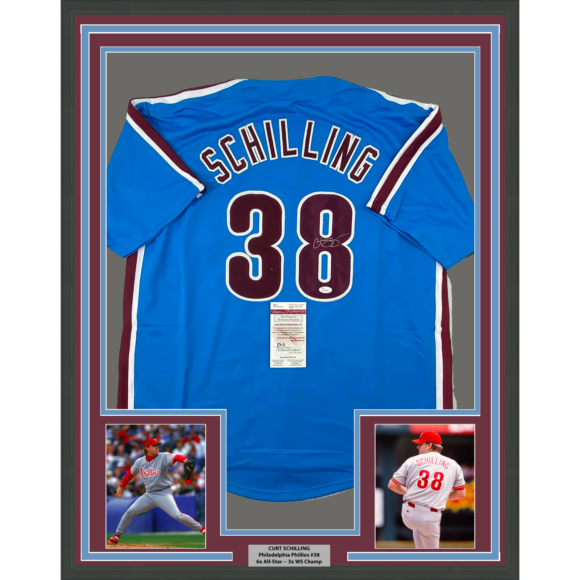 Framed Autographed/Signed Curt Schilling 33x42 Philadelphia Retro Blue Baseball Jersey JSA COA