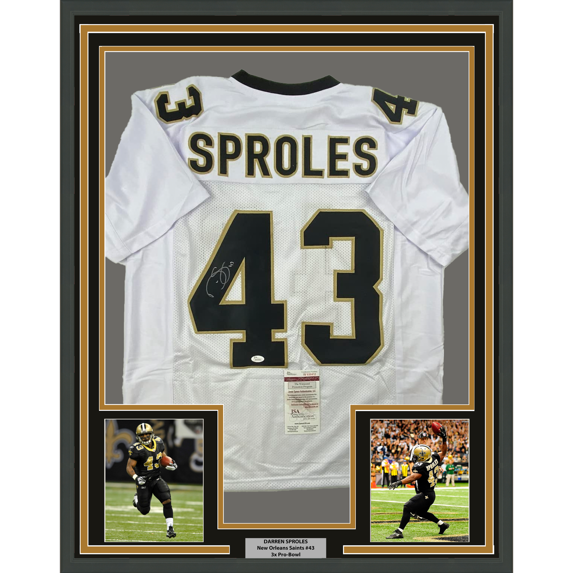 Framed Autographed/Signed Darren Sproles 33x42 New Orleans White Football Jersey JSA COA