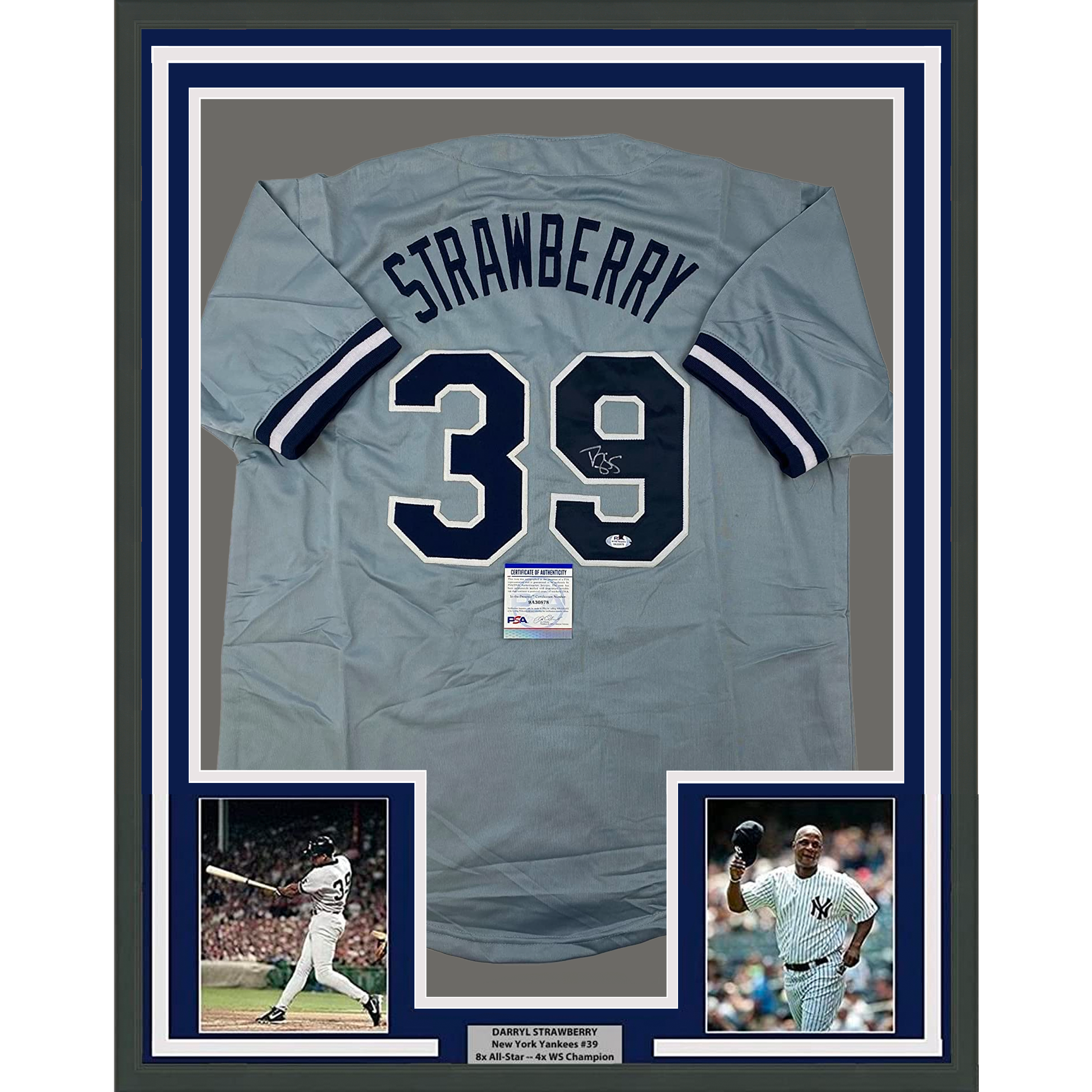 Framed Autographed/Signed Darryl Strawberry 33x42 New York Grey Baseball Jersey PSA/DNA COA