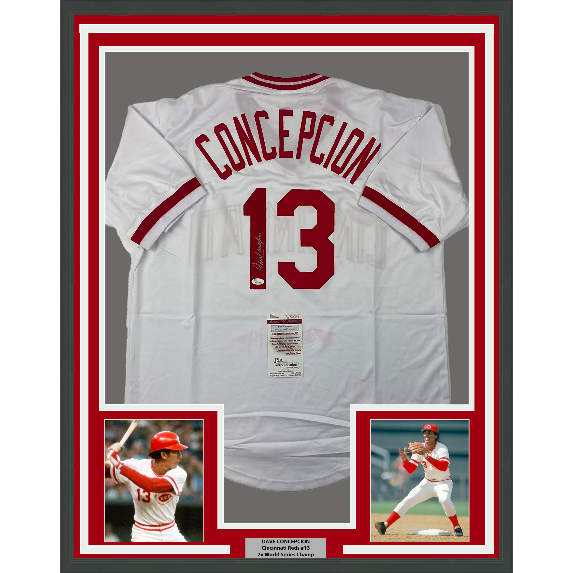 Framed Autographed/Signed Dave Concepcion 33x42 Cincinnati White Baseball Jersey JSA COA