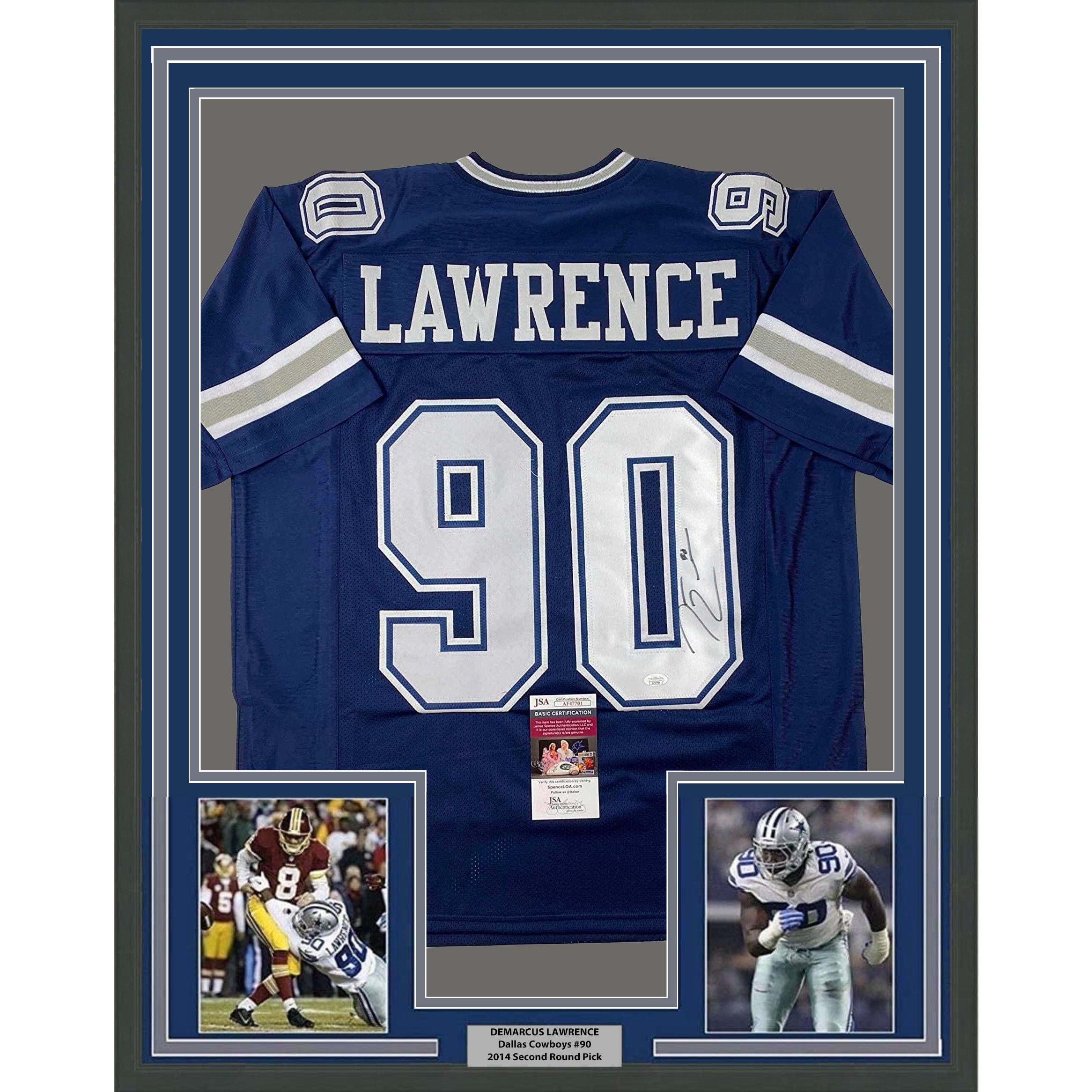 Framed Autographed/Signed Demarcus Lawrence 33x42 Dallas Blue Football Jersey JSA COA