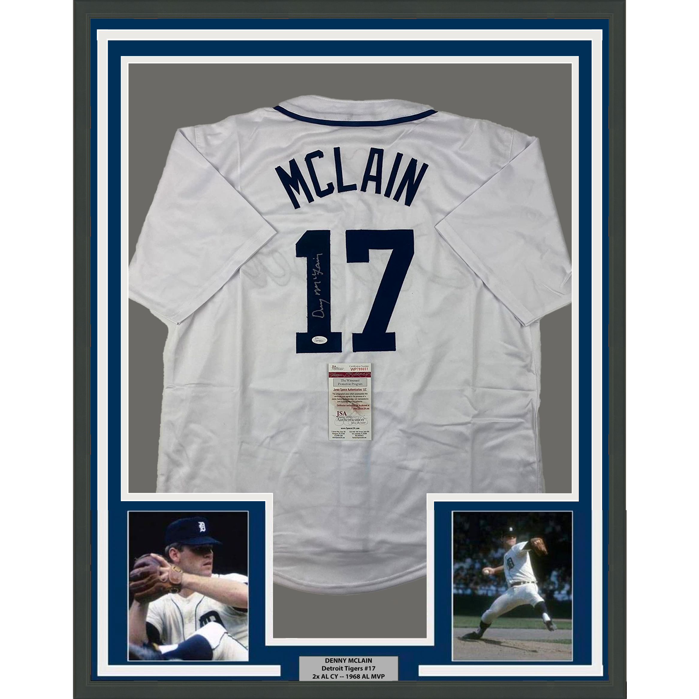 Framed Autographed/Signed Denny McLain 33x42 Detroit White Baseball Jersey JSA COA