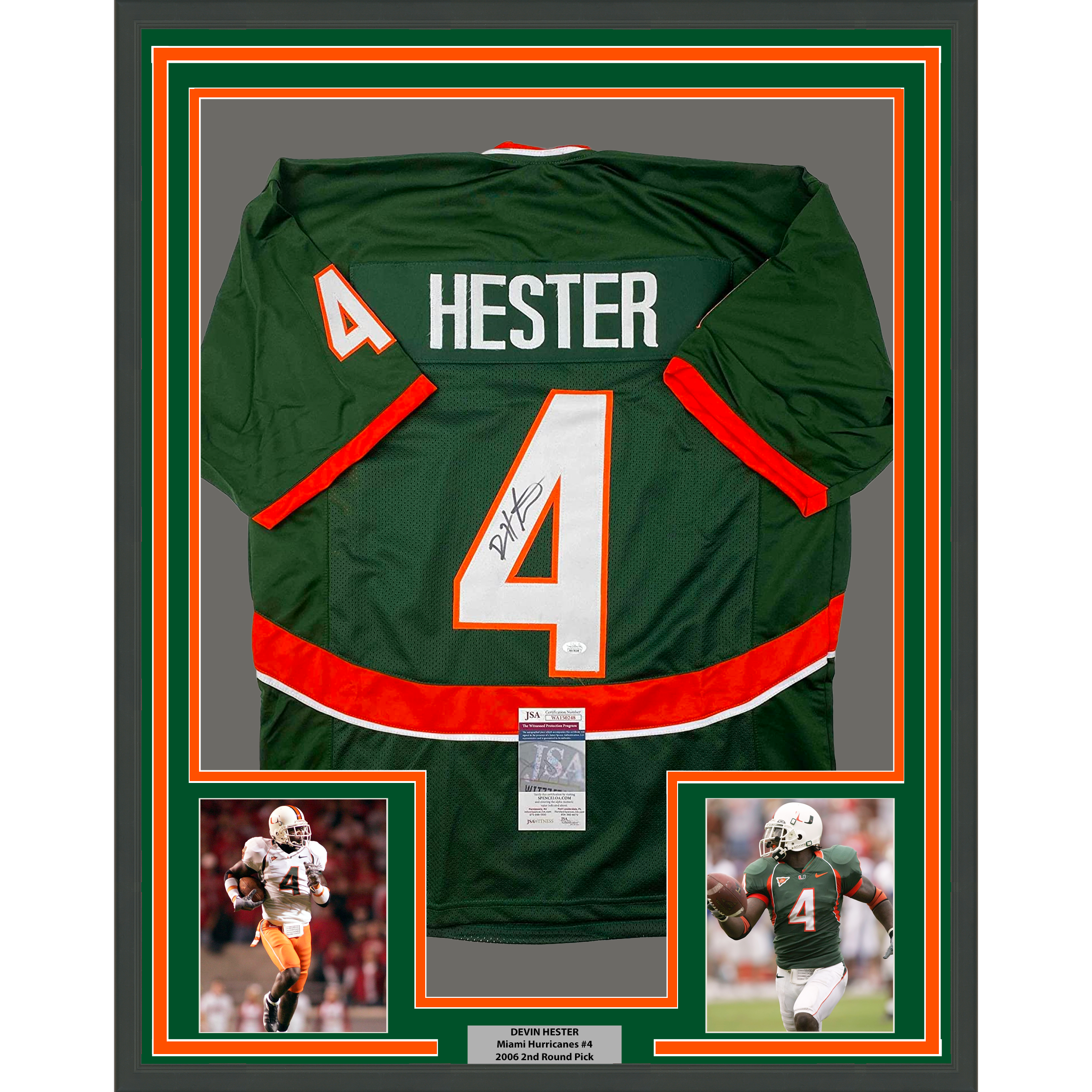 Framed Autographed/Signed Devin Hester 33x42 Miami Green College Football Jersey JSA COA