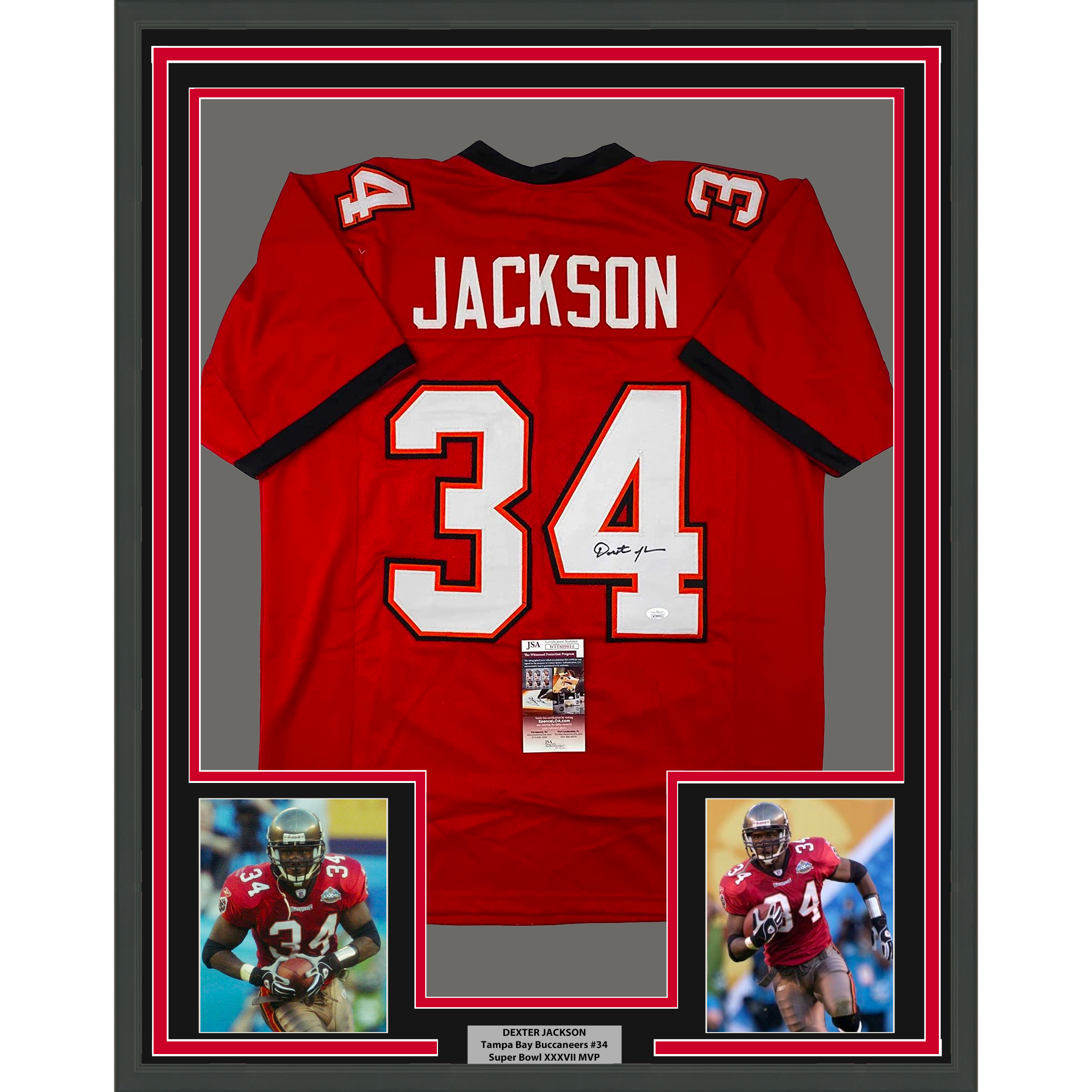 Framed Autographed/Signed Dexter Jackson 33x42 Tampa Bay Red Football Jersey JSA COA