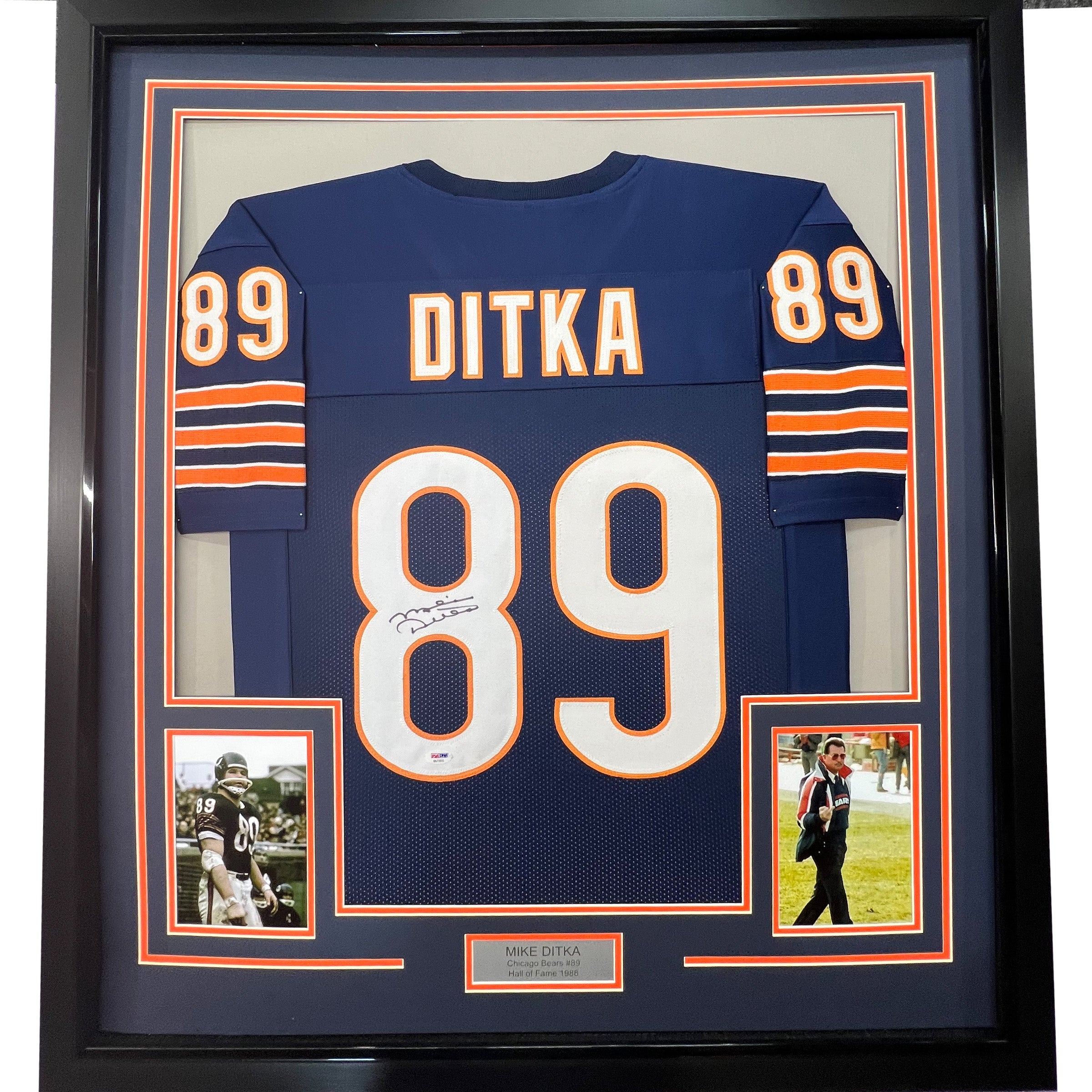 Framed Autographed/Signed Mike Ditka 33x42 Chicago Blue Football Jersey JSA COA