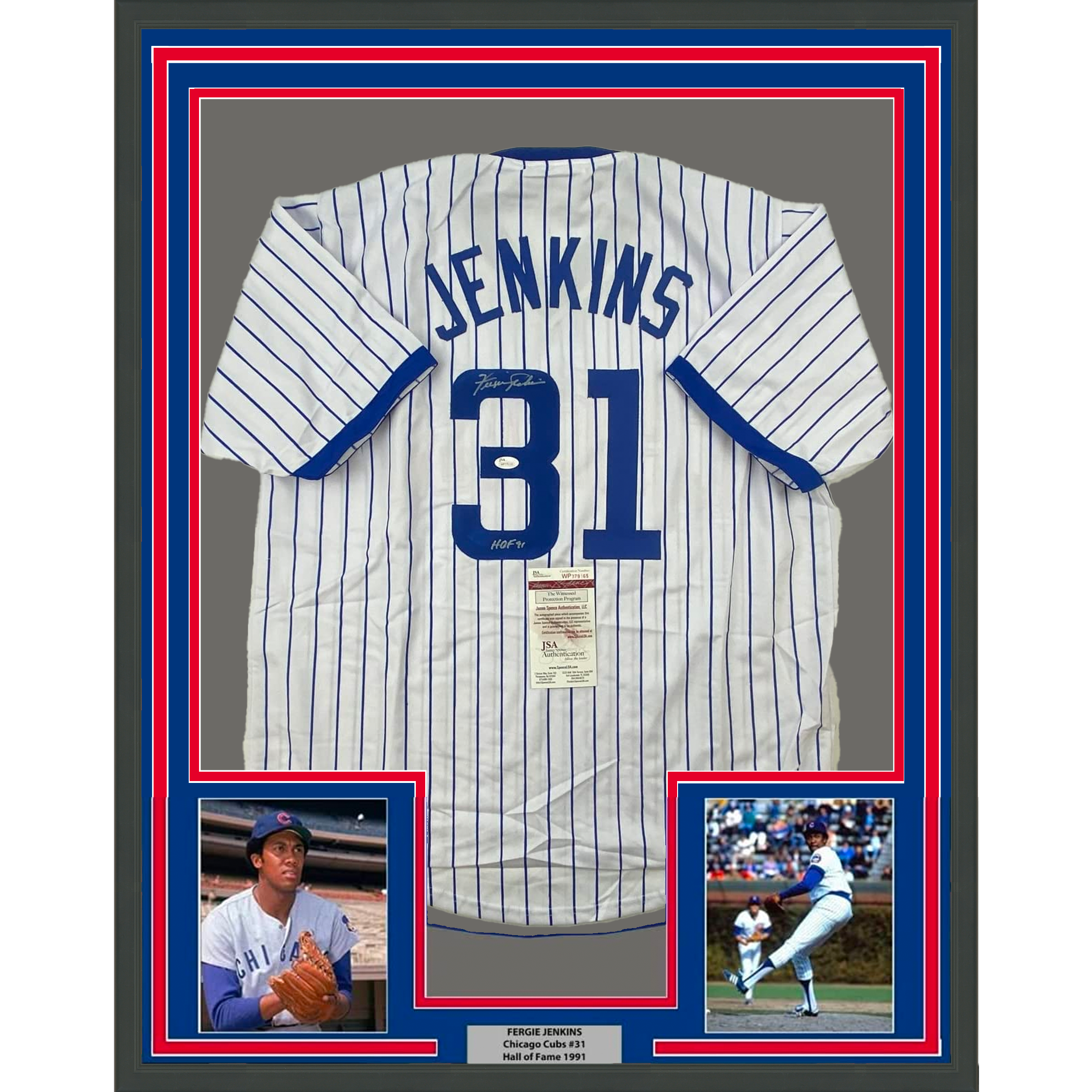 Framed Autographed/Signed Ferguson Fergie Jenkins 33x42 HOF 91 Chicago Pinstripe Baseball Jersey JSA