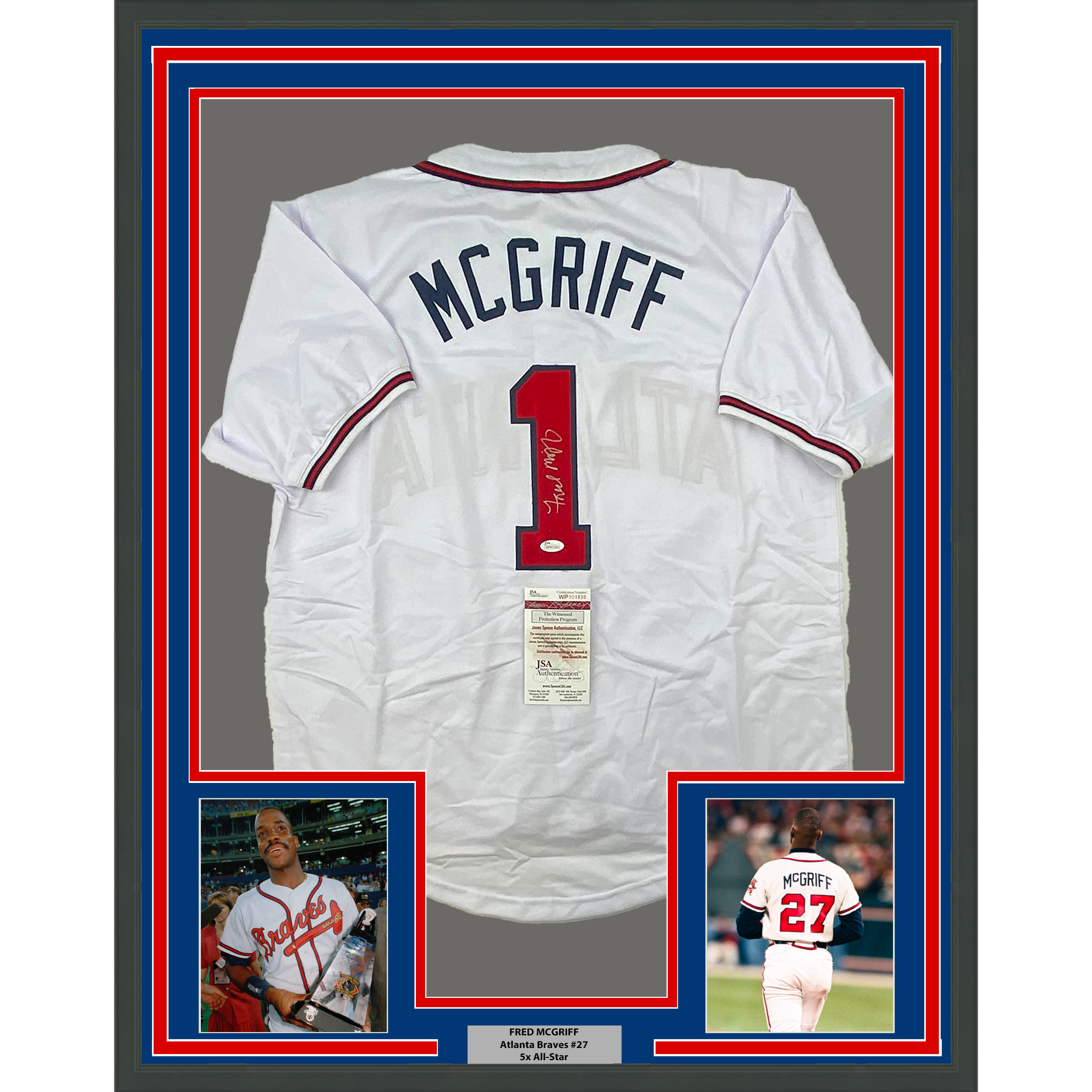 Framed Autographed/Signed Fred McGriff 33x42 Atlanta White Baseball Jersey JSA COA