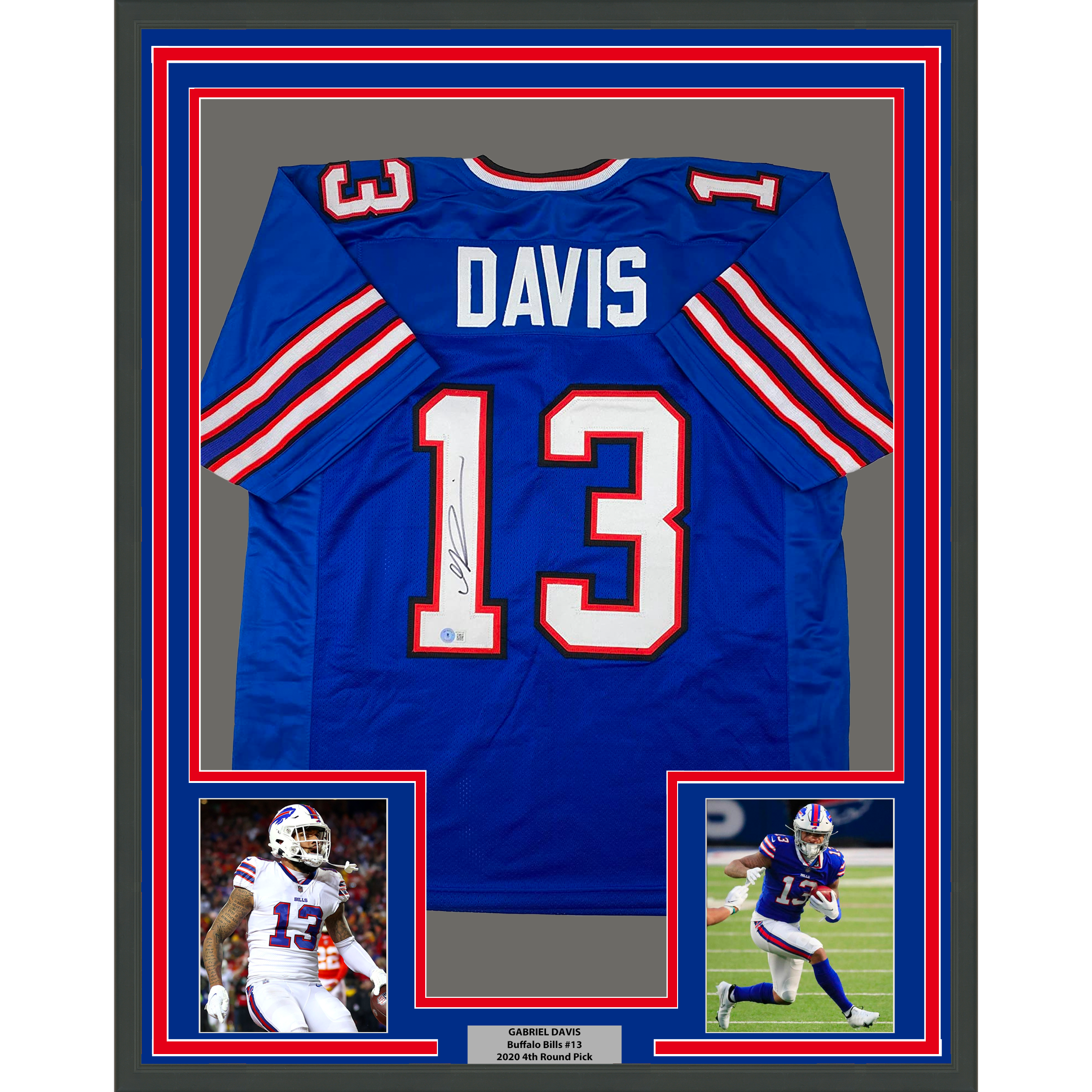 Framed Autographed/Signed Gabriel Gabe Davis 33x42 Buffalo Blue Football Jersey Beckett BAS COA