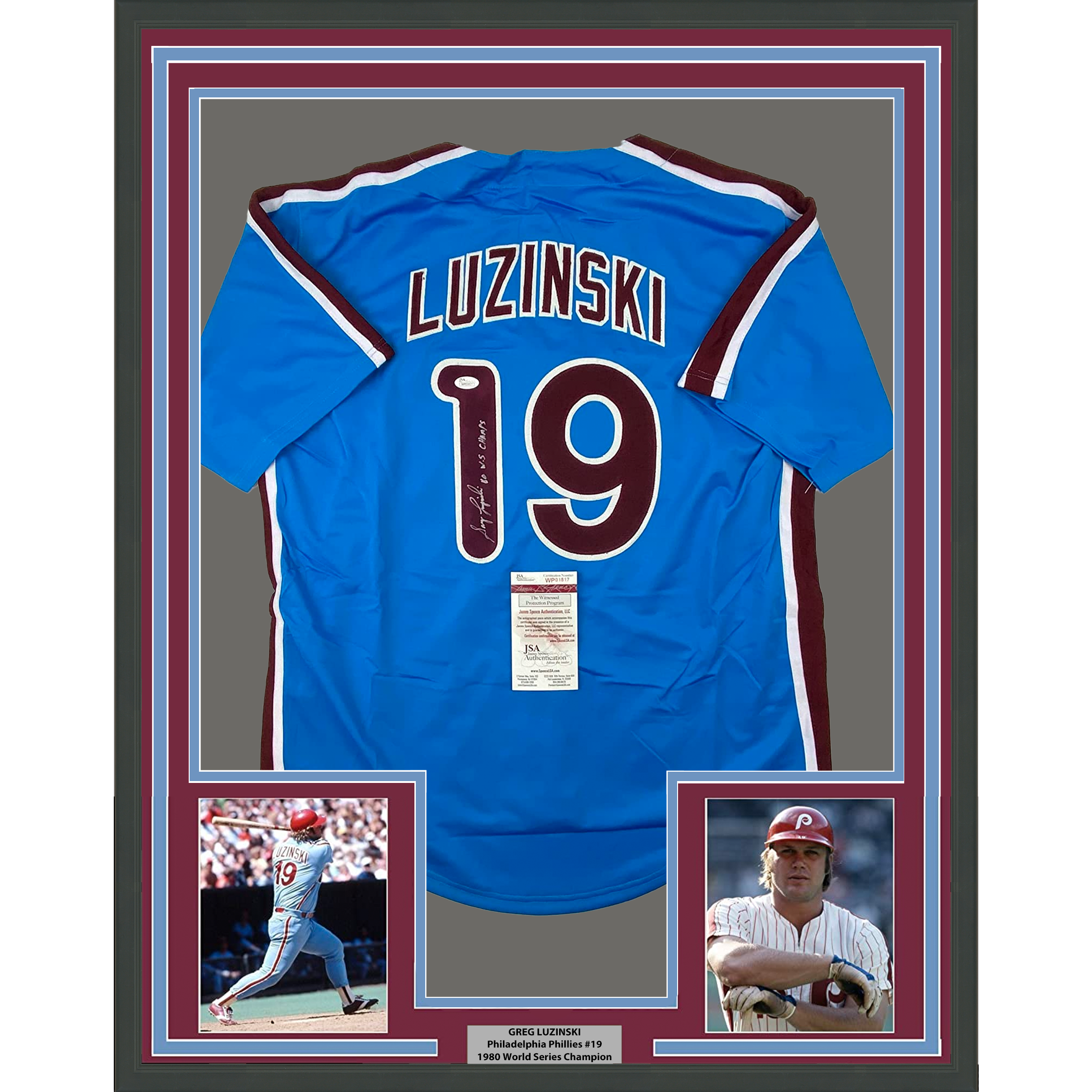 Framed Autographed/Signed Greg Luzinski 33x42 80 WS Champs Philadelphia Retro Blue Baseball Jersey J