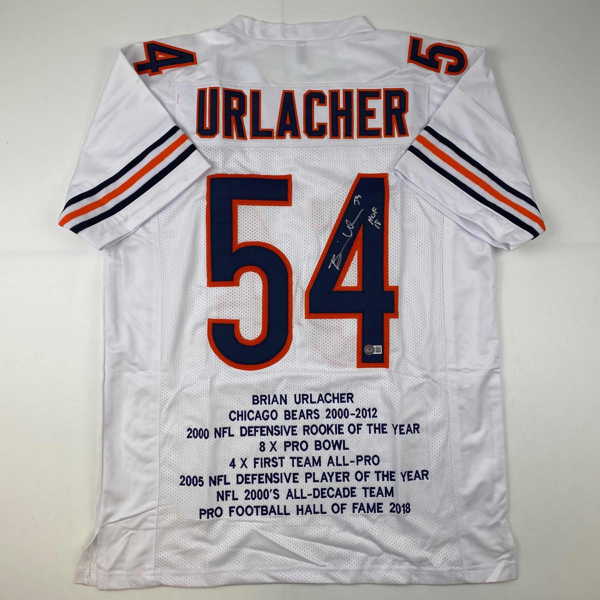 Autographed/Signed Brian Urlacher HOF 18 Chicago White Stat Football Jersey  Beckett BAS COA - Hall of Fame Sports Memorabilia
